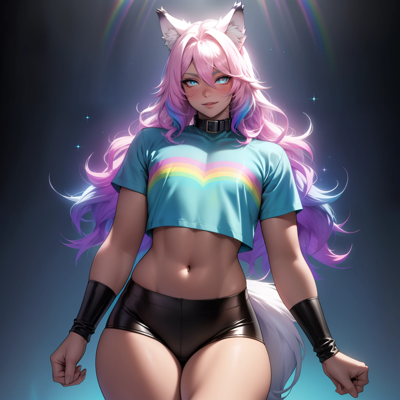 a short, skinny, young teen wearing a peacock inspired outfit, glowing blue eyes, wearing cropped t-shirt, flat chested, flat chest (SUPER FLAT CHEST) has wolf ears and a wolf tail, wide hips, pink lips, thick thighs, has long wavy rainbow gradient colored sparkly hair, twink, happy, blushing, flustered, curvy, solo, alone, (SOLO)(ALONE), has long wavy rainbow gradient colored sparkly hair, dynamic pose, sexual pose, wearing collar, showing thighs, risqué, crotch bulge , prominent thighs, masterpiece