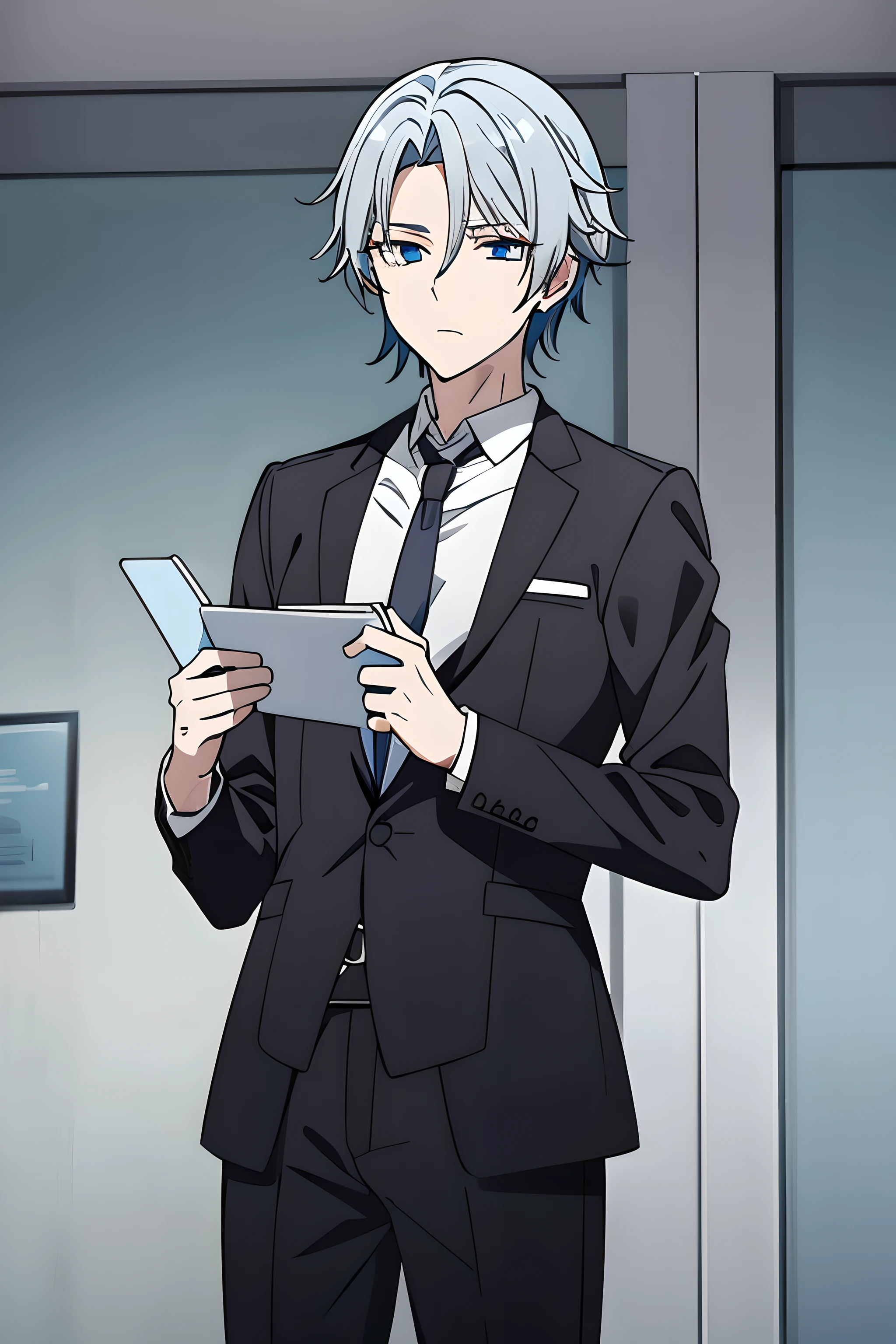 male, Meduim build, messy grey hair, blue eyes, 170 cm tall, 20 years old, wearining white shirt, black blue tie, black pants.