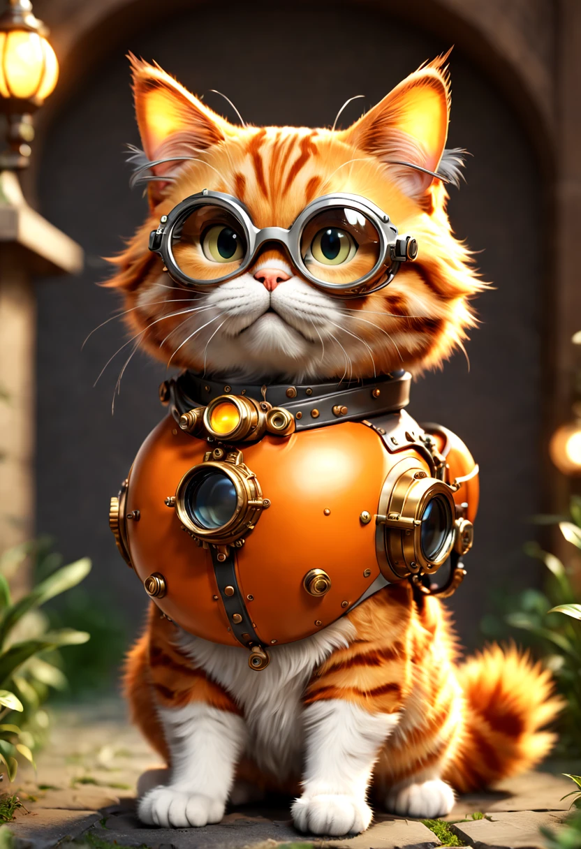 (Garfield：1.8)，Orange fur，streaked，sbeard，pockmark，pointy ears，petty eyes，fatness，Cute Garfield cat wearing goggles, In steampunk style, cg render, Small animals, 4K, simple, Aesthetic (3D, Cute big breasts, chibiStyle), ((Perfect high-detail images)), Ultra-realistic rendering of details, Pose gracefully, profesional lighting, Complicated details，(Smooth texture), (exquisite and meticulous), Orange and gray body, sat on the ground, cheerful, 3D, c4d, Blander, Octagonal rendering, simple backgound, (Simple background :1.1), A masterpiece of pastel colors, soft material, Best quality, ultra - detailed, high high quality, 4K, (3D, Cute big breasts, chibiStyle), ((Perfect high-detail images)),Detail Master 2,Best quality,ultra - detailed,beautidful eyes,beautiful detailed lips,extremely fine fur,Playful expression,Cute pose,coloured background,vibrant with colors,Whimsical style,Humorous atmosphere,comic artstyle,lively composition,Bright lights,Outdoor view,Lush garden setting