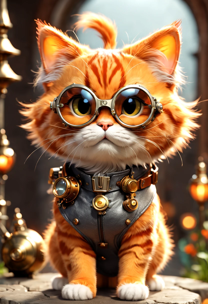 (Garfield：1.8)，Orange fur，streaked，sbeard，pockmark，pointy ears，petty eyes，fatness，Cute Garfield cat wearing goggles, In steampunk style, cg render, Small animals, 4K, simple, Aesthetic (3D, Cute big breasts, chibiStyle), ((Perfect high-detail images)), Ultra-realistic rendering of details, Pose gracefully, profesional lighting, Complicated details，(Smooth texture), (exquisite and meticulous), Orange and gray body, sat on the ground, cheerful, 3D, c4d, Blander, Octagonal rendering, simple backgound, (Simple background :1.1), A masterpiece of pastel colors, soft material, Best quality, ultra - detailed, high high quality, 4K, (3D, Cute big breasts, chibiStyle), ((Perfect high-detail images)),Detail Master 2,Best quality,ultra - detailed,beautidful eyes,beautiful detailed lips,extremely fine fur,Playful expression,Cute pose,coloured background,vibrant with colors,Whimsical style,Humorous atmosphere,comic artstyle,lively composition,Bright lights,Outdoor view,Lush garden setting