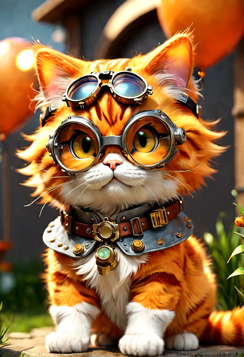 (Garfield：1.8)，Orange fur，streaked，sbeard，pockmark，pointy ears，petty eyes，fatness，Cute Garfield cat wearing goggles, In steampunk style, cg render, Small animals, 4K, simple, Aesthetic (3D, Cute big breasts, chibiStyle), ((Perfect high-detail images)), Ultra-realistic rendering of details, Pose gracefully, profesional lighting, Complicated details，(Smooth texture), (exquisite and meticulous), Orange and gray body, sat on the ground, cheerful, 3D, c4d, Blander, Octagonal rendering, simple backgound, (Simple background :1.1), A masterpiece of pastel colors, soft material, Best quality, ultra - detailed, high high quality, 4K, (3D, Cute big breasts, chibiStyle), ((Perfect high-detail images)),Detail Master 2,Best quality,ultra - detailed,beautidful eyes,beautiful detailed lips,extremely fine fur,Playful expression,Cute pose,coloured background,vibrant with colors,Whimsical style,Humorous atmosphere,comic artstyle,lively composition,Bright lights,Outdoor view,Lush garden setting