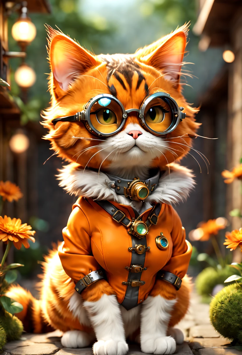 (Garfield：1.8)，Orange fur，streaked，sbeard，pockmark，pointy ears，petty eyes，fatness，Cute Garfield cat wearing goggles, In steampunk style, cg render, Small animals, 4K, simple, Aesthetic (3D, Cute big breasts, chibiStyle), ((Perfect high-detail images)), Ultra-realistic rendering of details, Pose gracefully, profesional lighting, Complicated details，(Smooth texture), (exquisite and meticulous), Orange and gray body, sat on the ground, cheerful, 3D, c4d, Blander, Octagonal rendering, simple backgound, (Simple background :1.1), A masterpiece of pastel colors, soft material, Best quality, ultra - detailed, high high quality, 4K, (3D, Cute big breasts, chibiStyle), ((Perfect high-detail images)),Detail Master 2,Best quality,ultra - detailed,beautidful eyes,beautiful detailed lips,extremely fine fur,Playful expression,Cute pose,coloured background,vibrant with colors,Whimsical style,Humorous atmosphere,comic artstyle,lively composition,Bright lights,Outdoor view,Lush garden setting