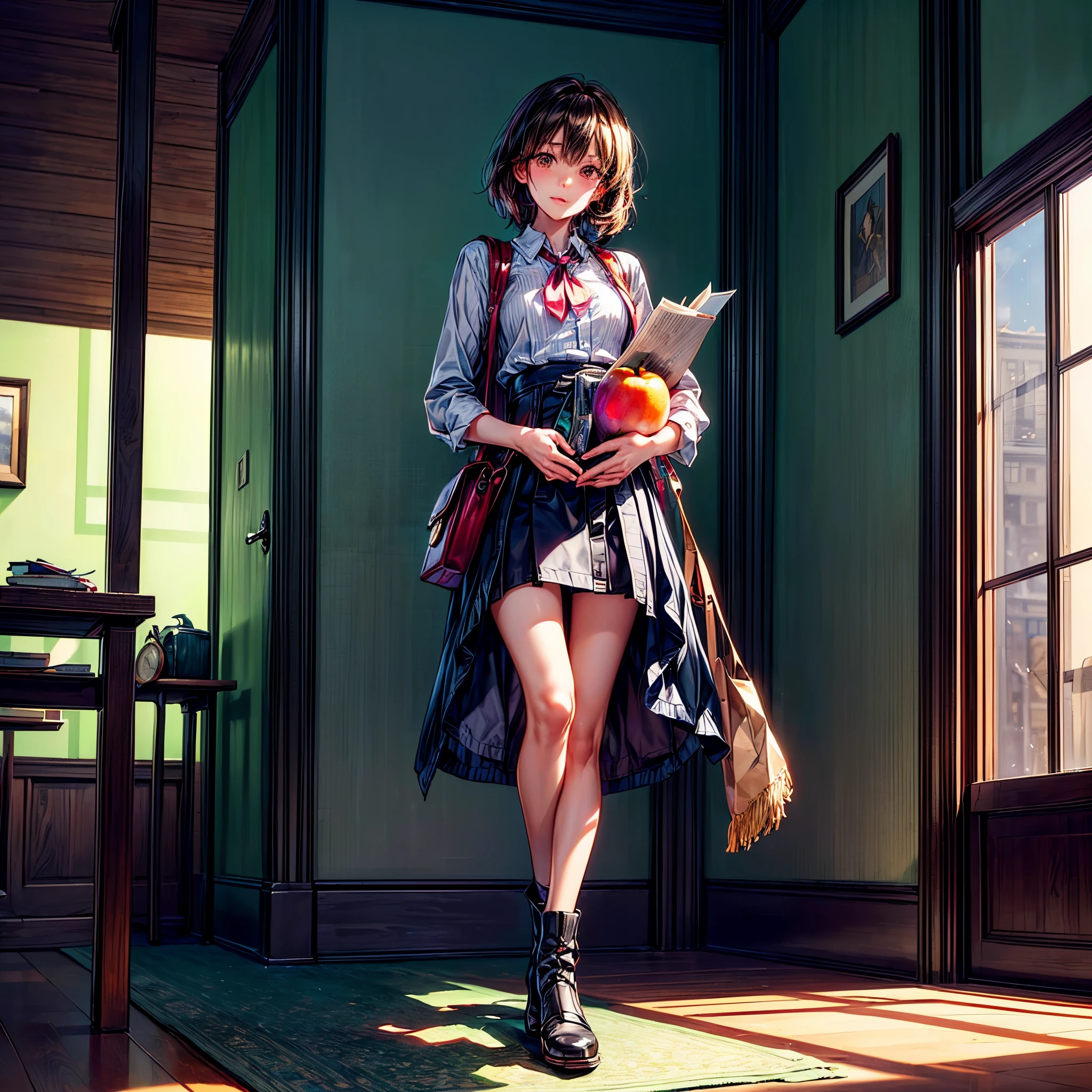 (epic Masterpiece, ultra highest quality, ulra highest resolution, ulra high-definition, distinct_image, very elaborate CG, cinematic lighting, ray tracing, drop shadows, detailed detail, (photorealistic: 1.4), ultra high quality textures, fine-grained, realistic face expression): (lone girl, face is Japan, brown short hair, small size breasts, sparkling eyes, Eye level shot, happy smile, beauty, slim body, holiday, own room, console game, computer, display, keyboard, mouse, long leather skirt, collared shirt, leather vest, handgun holder, carrying leather bag on your back, long boots, antique radio, coffee, model train, bookshelf, spacious yellowchair, Pots, fans, paintings, stuffed animals, ties, notebooks, stationery, vases, photo frames, letters, fountain pens, calendars, lamps, cushions, baskets, mirrors reflecting in profile, candles, telephone, fruit, newspapers, sweets, city Eiffel view outside the window), Pendulum clock frog varied multi etc. --v6 --s1000 --c20 --q5 --chaos100