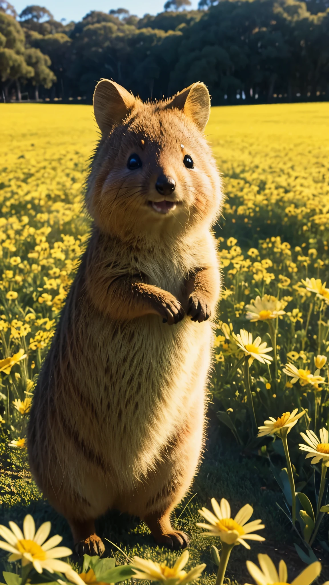 A quokka in a flower meadow