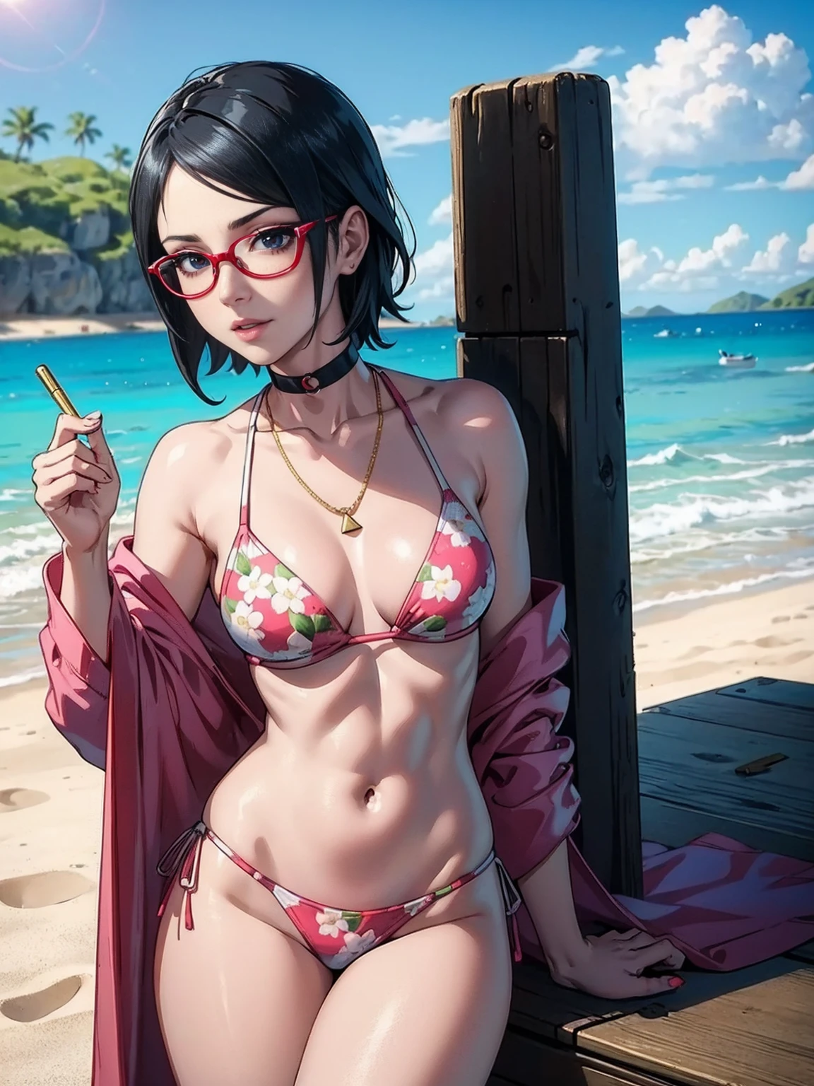 Sarada, (((Alone, Sarada Uchiha, black eyes, glasses, Alone, short hair, Angled Textured Bob, small breasts, sexy, beautiful))) ,Eyeglasses, ((pink lipstick, Extremely detailed, ambient soft lighting, 4k, perfect eyes, a perfect face, perfect lighting, a 1girl)) , (extremely detailed beautiful face), ((1girls, solo, highly detailed, sexy floral printed bikini, translucent printed robes, playing on a beautiful beach, ((fitness)), smug, looking at the viewer, fancy jewelry, makeup, light and shadows, day time , silver sand beach, blue sky, puffy clouds, gold necklace, choker,))