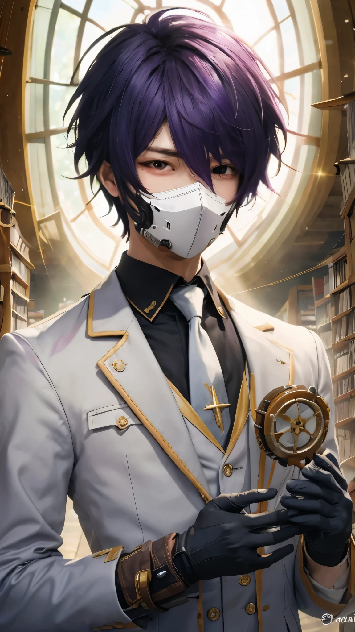 Character wearing mask and gloves in library, purple hair,red eyes