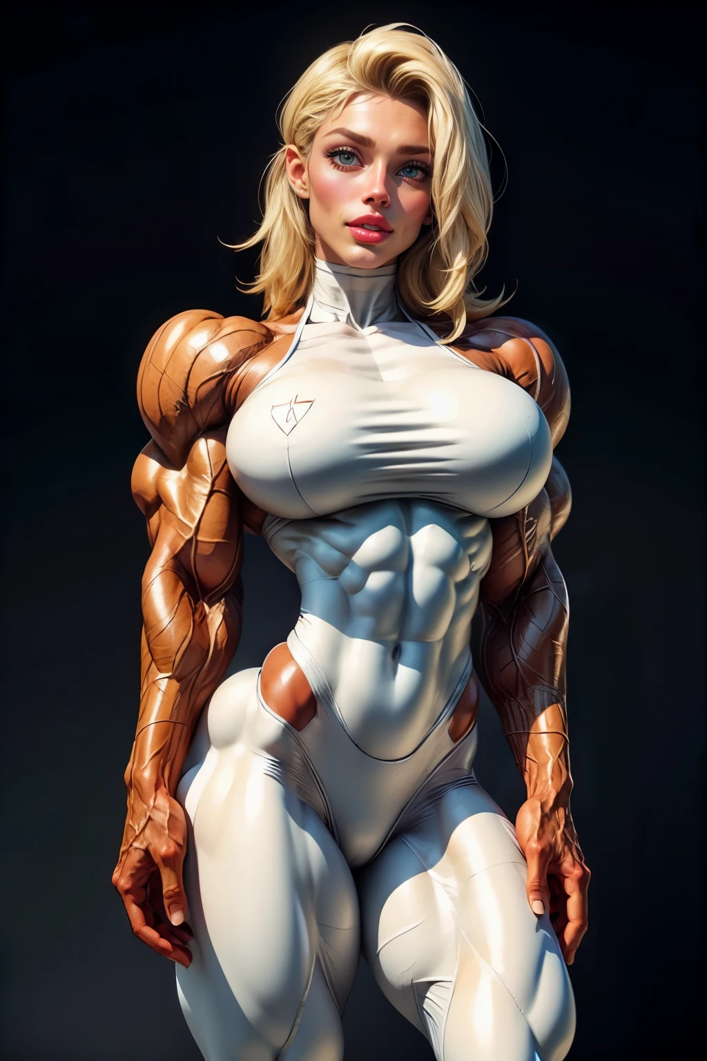 blonde pamela anderson female fitness model, toned body, feminine, huge upper body, torso shot, wide shoulders, veins, beautiful face, detailed eyes, perfect eyes, makeup, full lips, slim face, high cheekbones,(best quality, highres, ultra-detailed, realistic), muscular arms, defined abs, confident expression, (black latex bodysuit)), lovely gaze, blank background