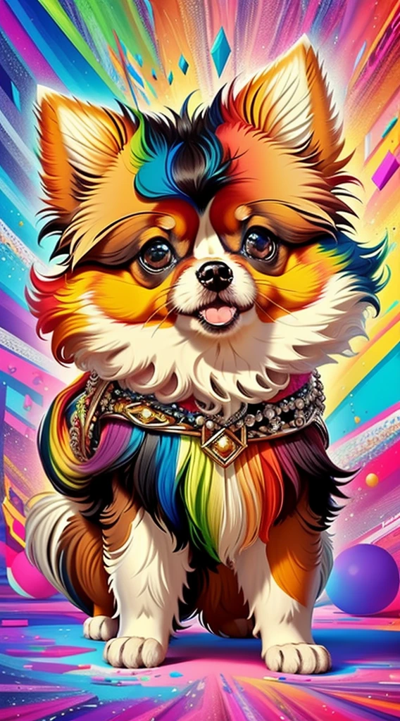 (Cachorro pomeranian de pelos curtos brancos e pretoelhor pose),(best angle), (better expression), Eduardo Kobra acolchoamento ,multidimensional geometric wall PORTRAIT, arte, Chibi, Yang08k, lindo, Colouring, Primary works, qualidade superior, melhor qualidade, Arte Oficial, Beautiful and Aesthetic, pelos coloridos,