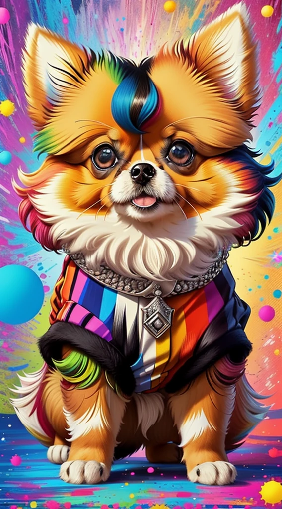 (Cachorro pomeranian de pelos curtos brancos e pretoelhor pose),(best angle), (better expression), Eduardo Kobra acolchoamento ,multidimensional geometric wall PORTRAIT, arte, Chibi, Yang08k, lindo, Colouring, Primary works, qualidade superior, melhor qualidade, Arte Oficial, Beautiful and Aesthetic, pelos coloridos,