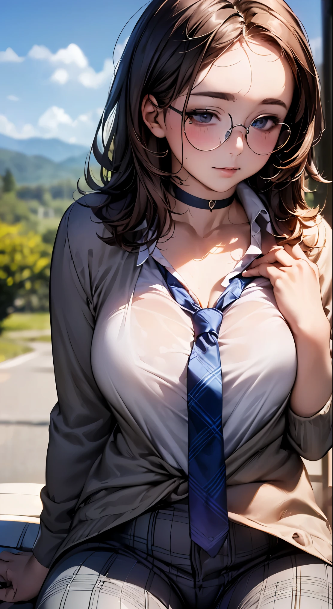 (masterpiece:1.2, highest quality), (realistic, photorealistic:1.4), beautiful illustrations,
looking at the viewer, whole body, Front view:0.6,
1 female, Japanese, high School girl, ((medium hair:1.5, forehead)), blown hair, bangs, hair between eyes, big breasts:0.8,
beautiful hair, beautiful face, beautiful and detailed eyes, beautiful clavicle, (Chubby body type:1.5), beautiful breasts, beautiful thighs, beautiful feet, beautiful fingers,
(beautiful scenery), , School,
((white shirt , gray plaid jacket and pants, Blue plaid tie, round glasses, choker)), (put your hand on your chest, hand between legs), blush