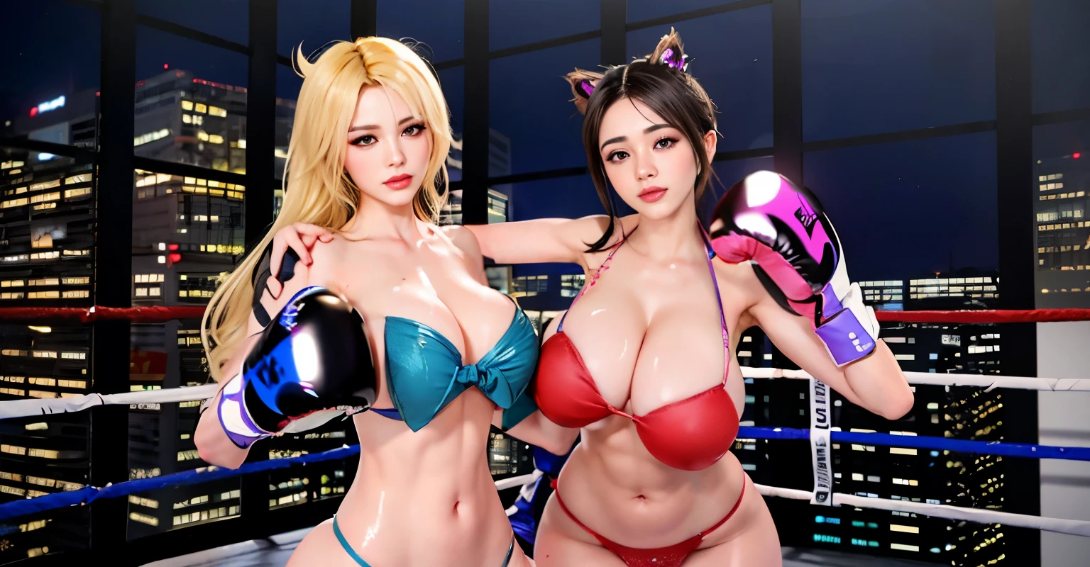 ((Unreal Engine 5)), Realistic Rendering, Excellent, (sexy skimpy bikini:1.3), looking on camera, (standing:1.8), beautiful face, makeup, CGImix, (photorealism:1.2), ultrarealistic uhd face, (huge soft :1.5), (muscle abs:1.3), (big butt:1.3), (wide hips), (thick thighs), slim waist, hourglass figure, half body, ((glowing skin)), ((shiny skin)), Realistic body, ((she  )), ((clean skin)), photorealistic, bokeh, motion blur, masterpiece, highres, 1080P, super detail, textured skin. Boxing,  women boxing, boxing gloves