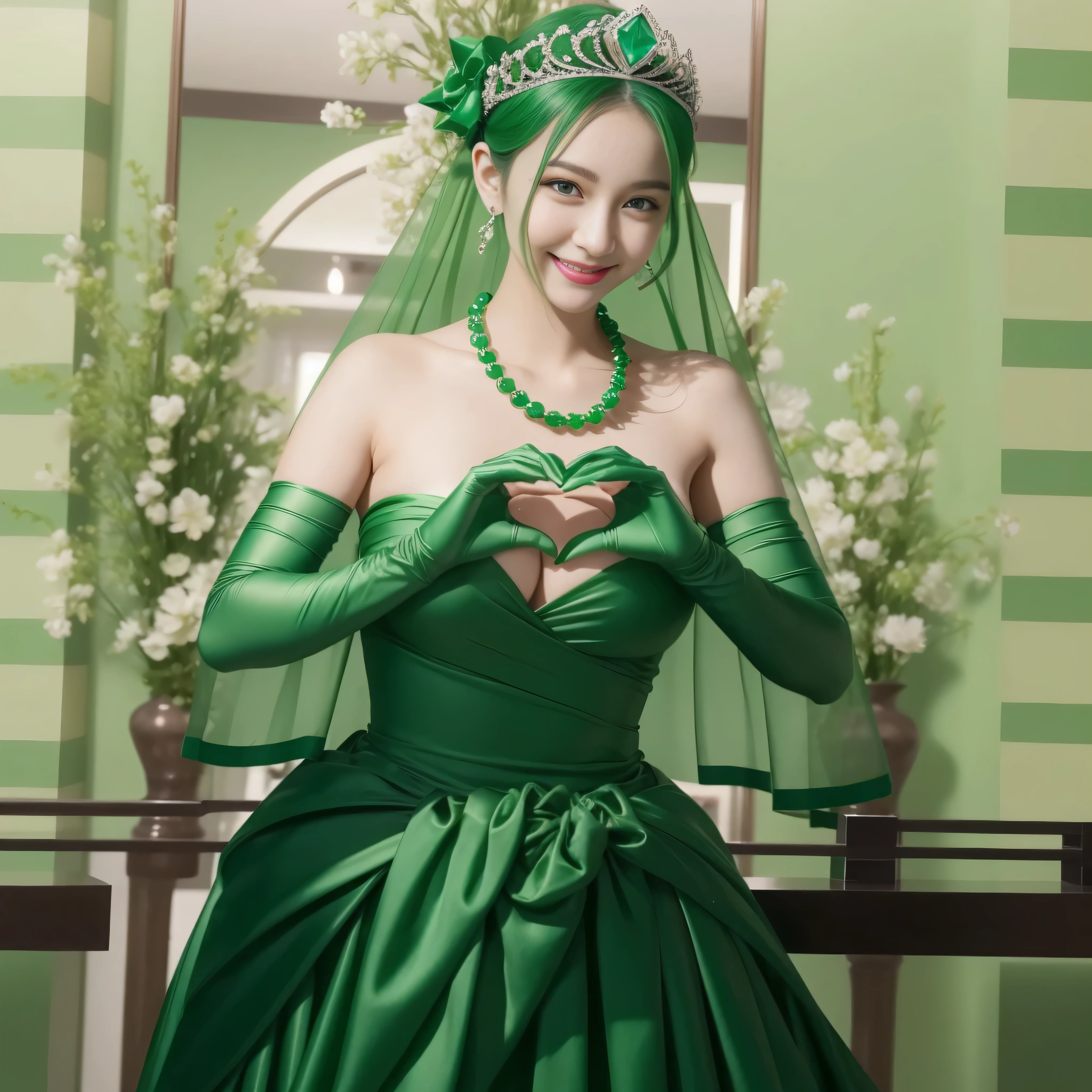 emerald tiara, Green Pearl Necklace, ボーイッシュな非常に短いgreen hair, green lips, smiling Japanese woman, very short hair, Beautiful woman with big breasts, green eyes, green satin long gloves, green eyes, emerald earrings, Green veil, Heart with both hands, green hair, beautiful japanese woman, heart shaped hands:1.3, green lip gloss