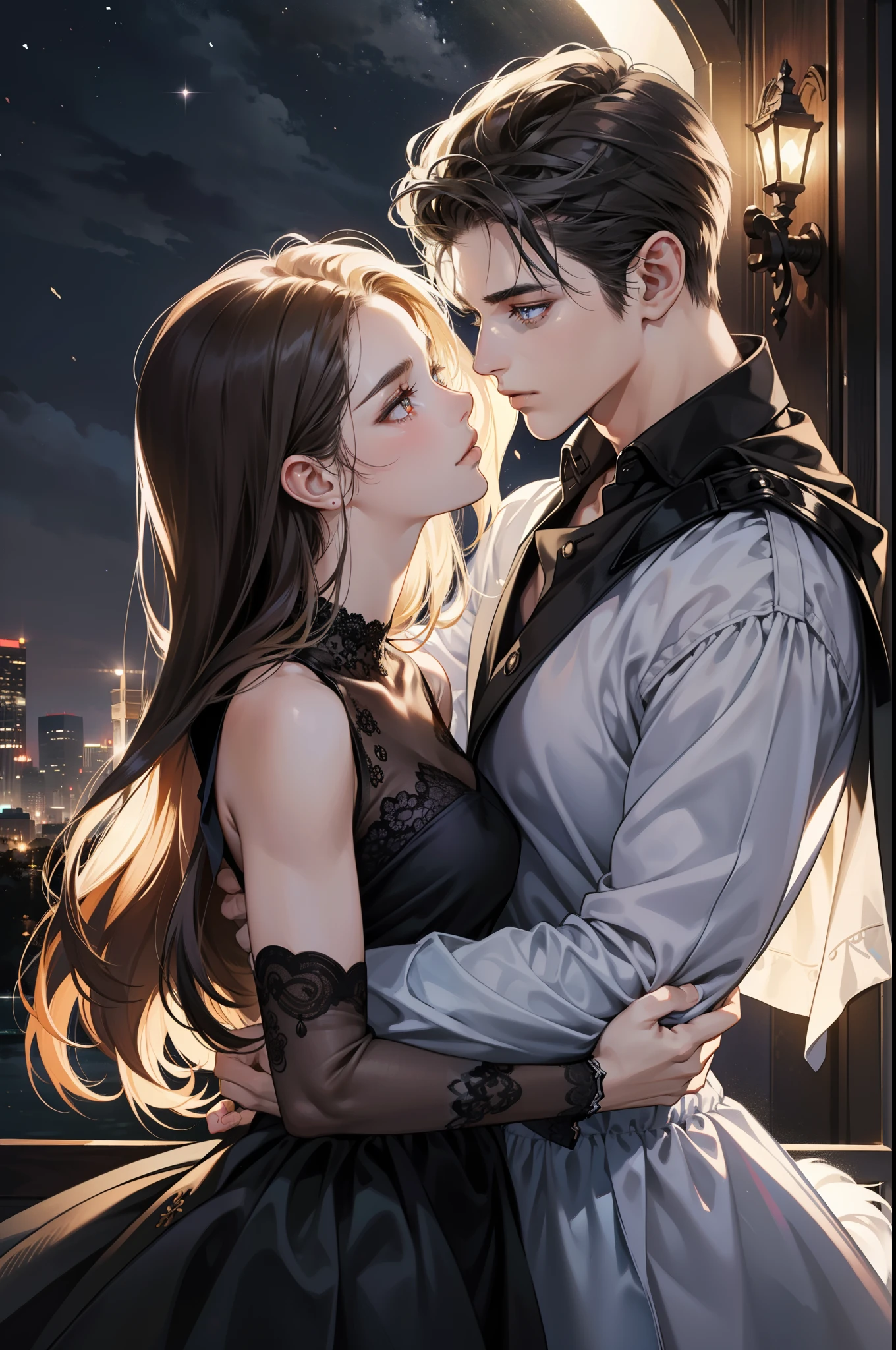 Wolf, a male werewolf holding a beautiful girl under the exquisite features of a moonlit night. His eyes gleamed with raw, hyperrealistic emotion as chiaroscuro shadows danced across his perfect face, enhancing the anime-inspired appeal of this werewolf love theme. The girl's delicate features were equally captivating, her skin reflecting the soft moonlight with an extremely detailed, smart look. High detail and sharp focus captured every intricate line on their bodies as they shared a passionate moment in the comfortable embrace of the night. (Photo realistic: 1.2)