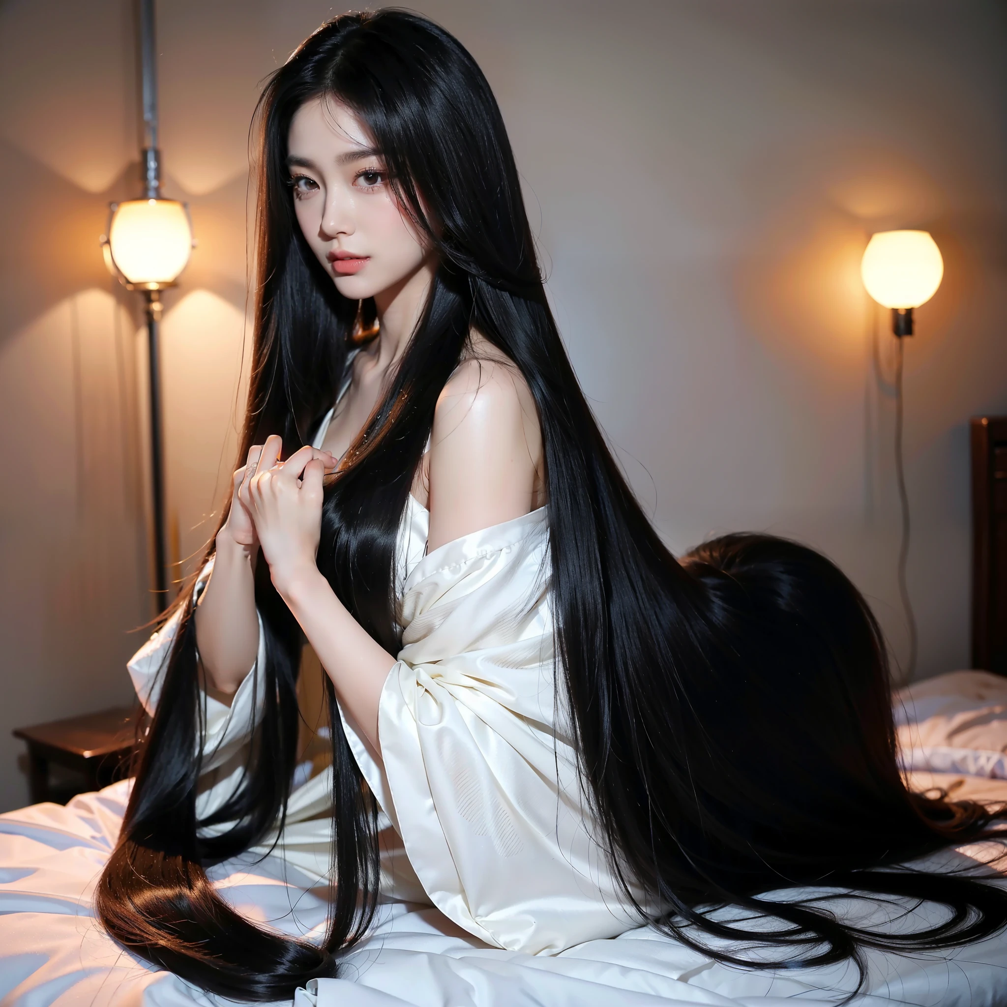(best image quality、highest quality、highest resolution、Super realisticな写真撮影、full body photo、masterpiece、16ｋ、）1 girl、Photographed from approximately 4 meters away, Surprisingly long black hair is super beautiful、hair length about 5 meters、white underwear or naked、Hide your whole body with straight hair、very beautiful face、Beautiful well-groomed black hair、very large amount of hair、Super long hair that emphasizes the sexiness of a woman、slim body shape、shiny beautiful hair、bright lighting、professional lighting、Winner of the World Long Hair Contest、full body real photo、head to toe photo、Photographed from approximately 4 meters away、Super realistic、both hands、longest black hair in the world、My hair is heavy and I&#39;m tired、hair longer than rapunzel、very large amount of hair、I have a lot of hair, So I cover my whole body with very long hair.、Hair that is shampooed every day is very beautiful、My hair smells like roses、Very long black hair is my sex appeal、Very long hair is my charm、long hair is a symbol of beauty、I&#39;m proud of my long hair、This long hair length and volume is admired all over the world、Very long hair spread out in a fan shape、think back、sleep on your stomach、Silky hair flowing from shoulders to floor、I have a ridiculous amount of hair、My hair is so thick、Cover the entire bed with hair、hide your hands with your long black hair、hide your fingers with long hair、A storm of angry hair that seems to overflow from the screen, Surprisingly long black color is super beautiful、Hide your whole body with straight hair、Beautiful well-groomed black hair、Super long black hair that emphasizes sex appeal as a woman.、
