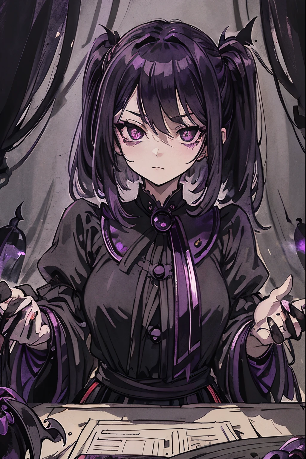 Dark silhouette, upper body, dark shadows, only silhouette, 1girl, shadow, dark aura, looking at viewer, deadpan face, shadow, (white messy hair:1.2), (dark purple shining eyes:1.5), white hair, close-up, vampire, fang, vampire vibe