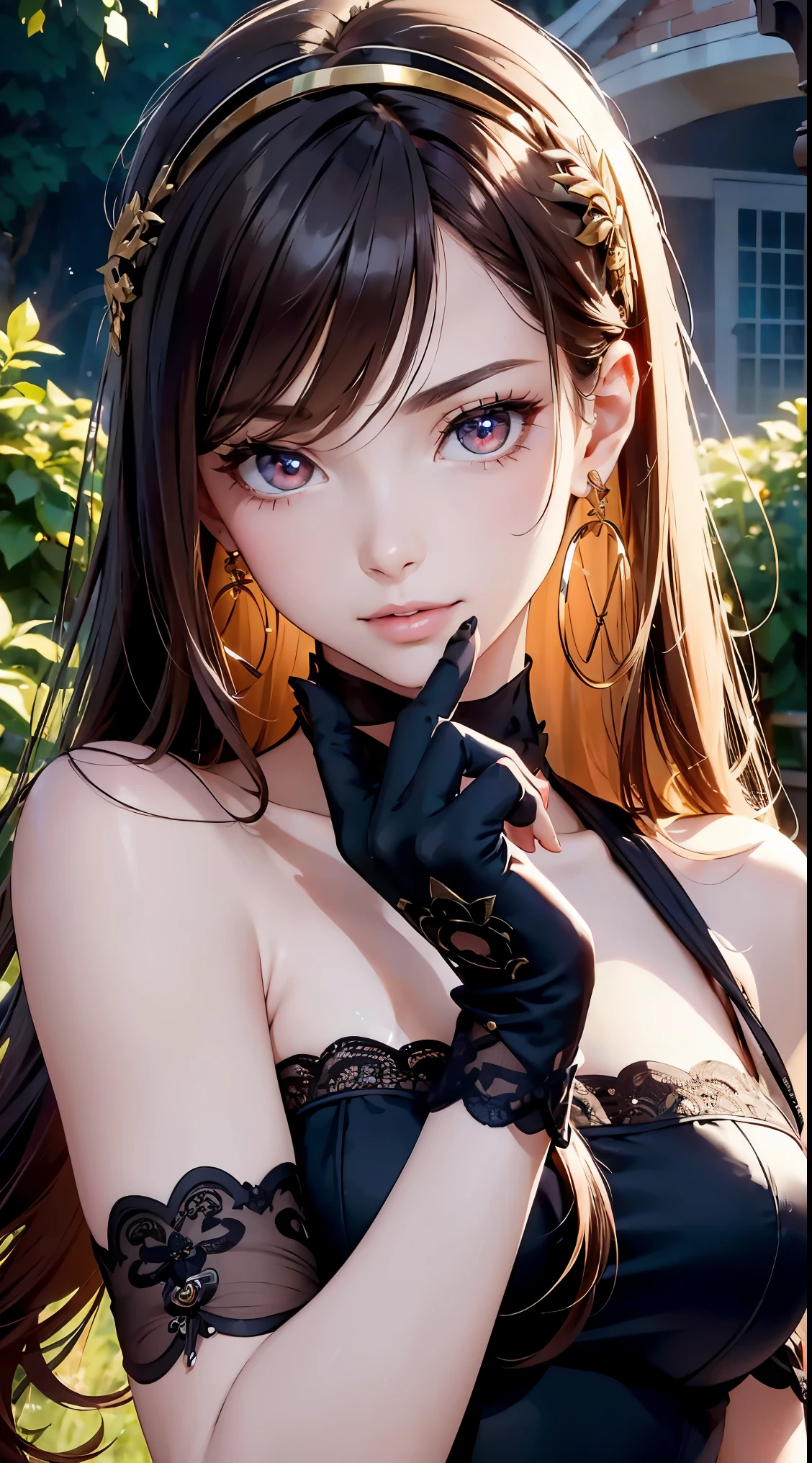 your forger, side lock, hair ornaments, gold hair band, red eyes, light smile, big , Revimpling fabric, earrings, fingerless hand gloves, detailed face,smoking,brunette hair,detailed and beautiful eyes,Dense and beautiful lips,roll her eyes,manner,nice,garden background,artistic rendering,super detailed,(highest quality,4k,8k,High resolution,masterpiece:1.2),Bright colors,studio lighting, fine hands, weapon in hand, perfect body, feminine body shape, monocle:1.6