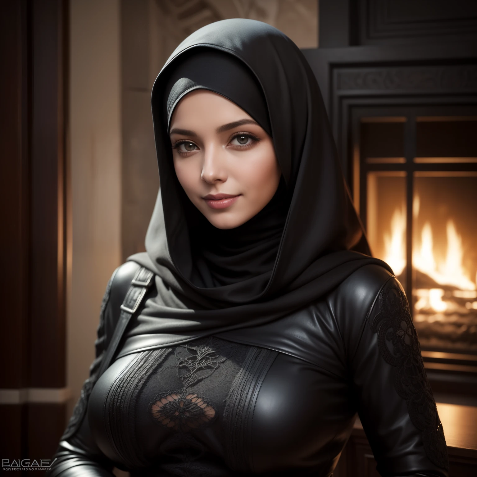 Dee768, portrait, smile, hijab, big breasts all covered, turtleneck, leather black clothes and gloves, Tangier, fireplace, detailed eyes, photography, trending on artstation, sharpness, studio photography, intricate details, highly detailed, Tangier in background, by Greg Rutkowski
