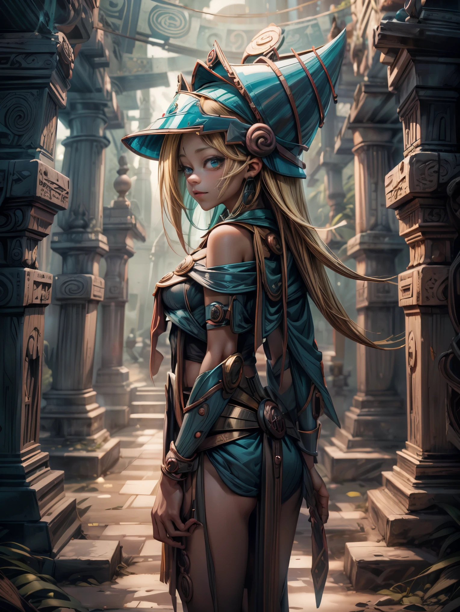 25 year old woman is Dark magician gils Mayan version she is standing, Magic hearts background. Sonrisa en sus labios. Ojos celestes. blond hair. ruinas mayas . Un ave quetzal vuela a su alrededor