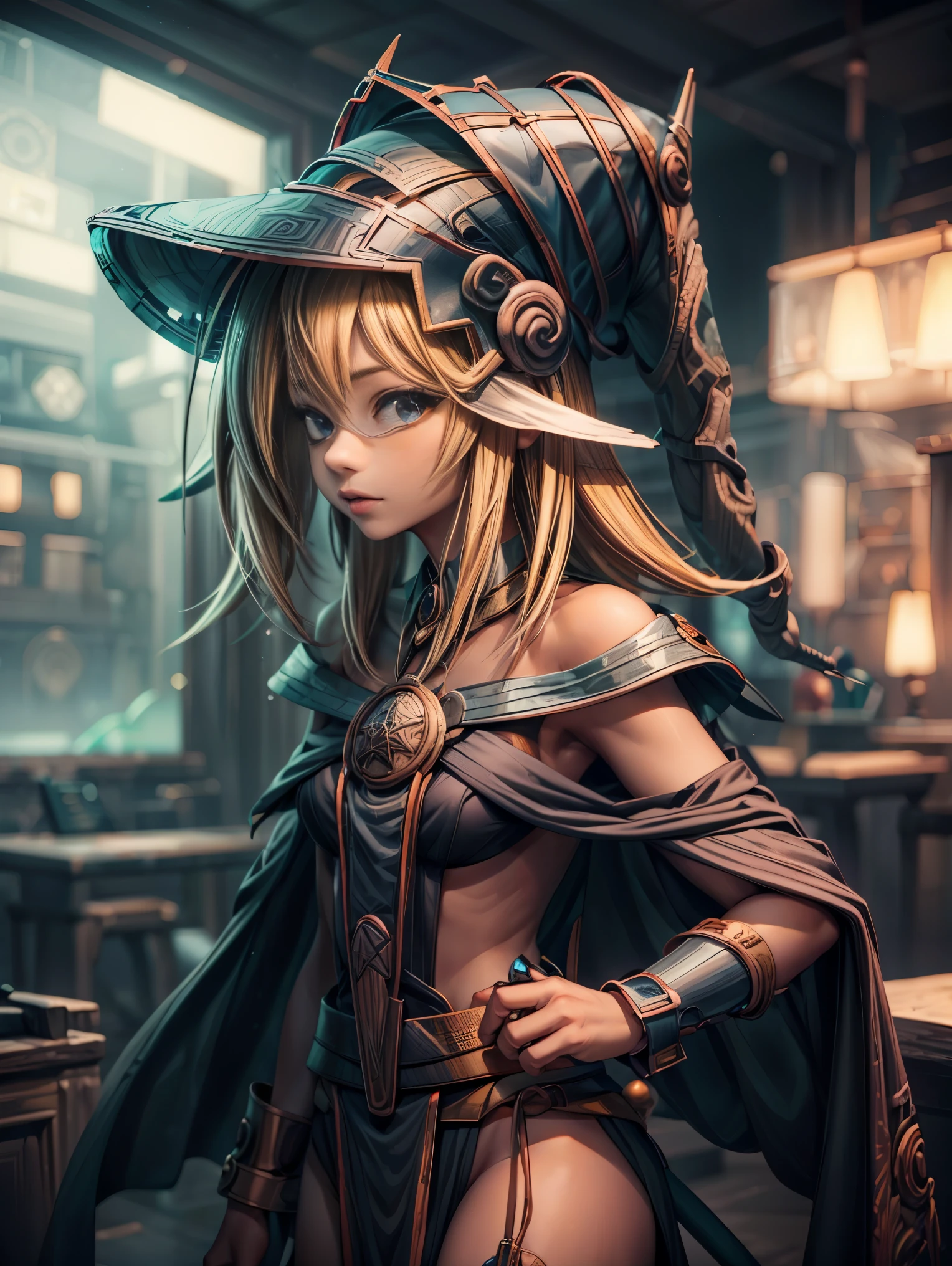25 year old woman is Dark magician gils Mayan version she is standing, Magic hearts background. Sonrisa en sus labios. Ojos celestes. blond hair. ruinas mayas . Un ave quetzal vuela a su alrededor