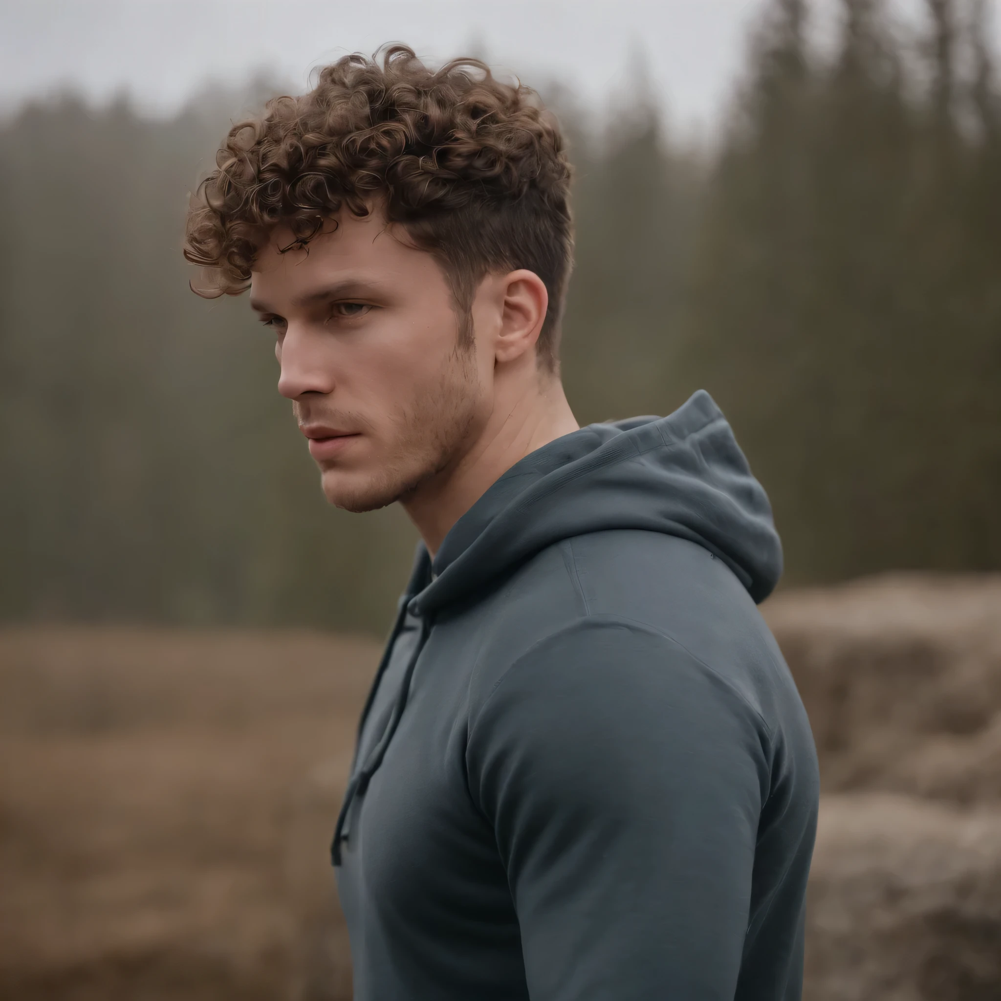 homme, surpoids, curly hair tied long with a tip, porte des hoodies large