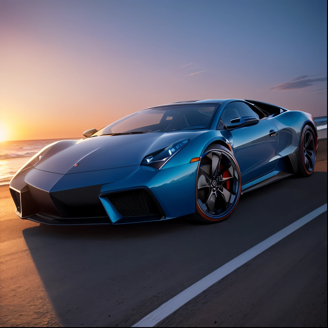 Supercar driving past beautiful sunset beach, ( cinematic, film grain:1:1) 35mm lens