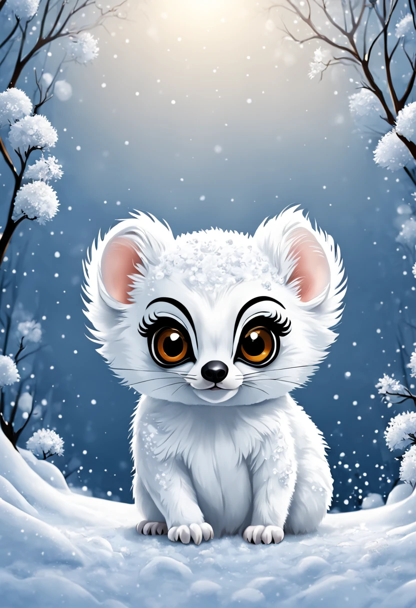 Snow White Lemur with powder snow swirling all around, in 2d chibi art style, masterpiece, best quality, winter background