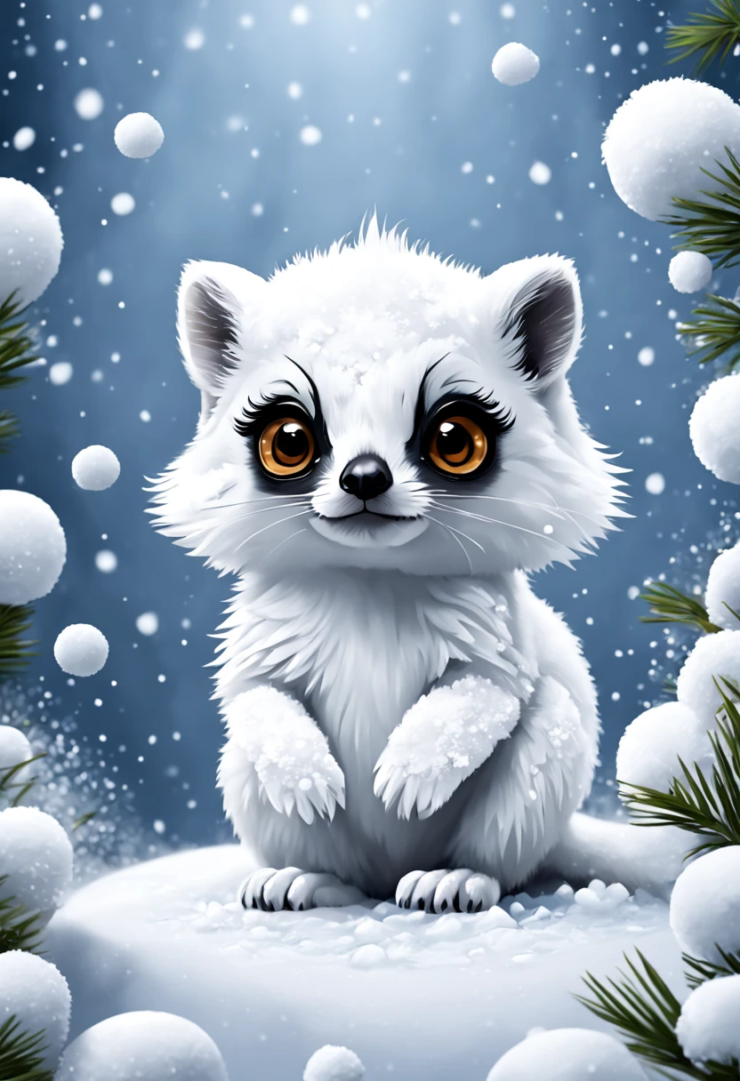 Snow White Lemur with powder snow swirling all around, in 2d chibi art style, masterpiece, best quality, winter background