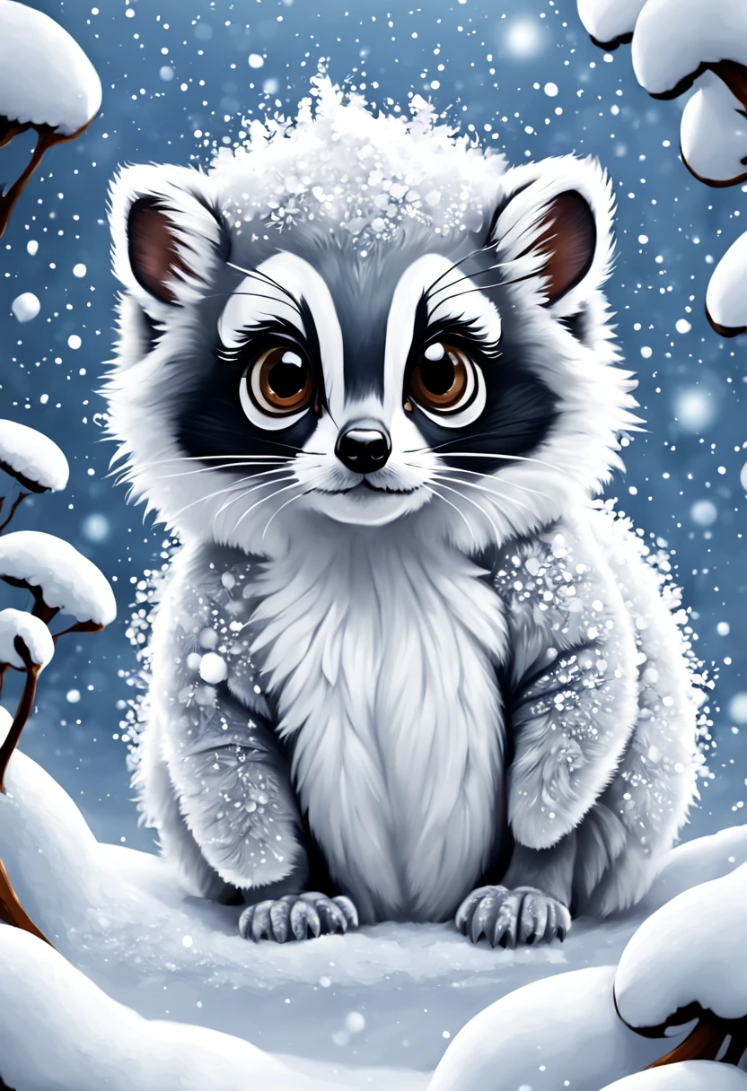 Snow White Lemur with powder snow swirling all around, in 2d chibi art style, masterpiece, best quality, winter background