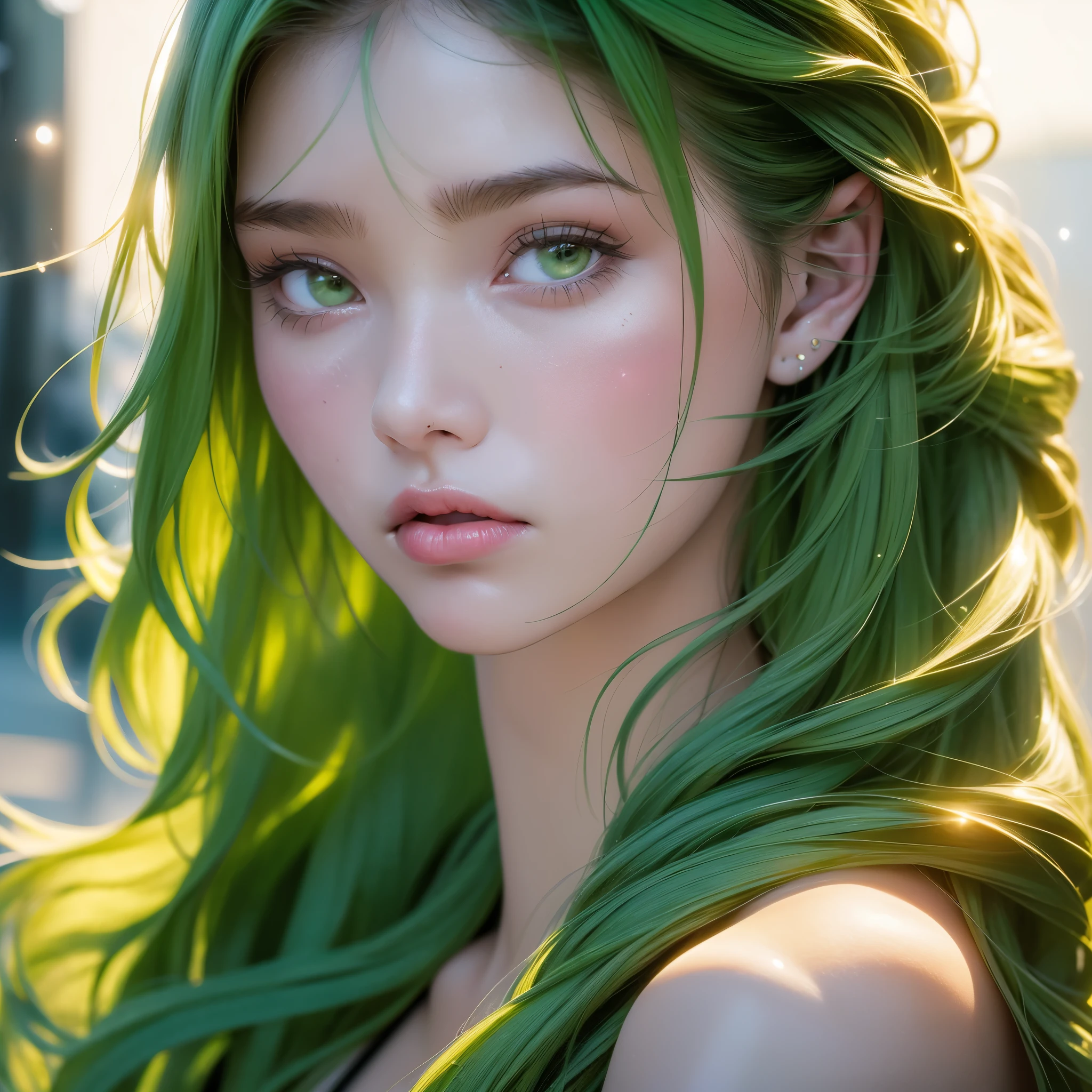 Photo of 47 years old European woman, RAW, beautiful woman, (green hair with extra long wavy), ((portrait)), (Detailed face: 1.2)), (Detailed facial features)), (green eyes) (Fine skin), pale skin,green lips, high detail and deep, wearing green color long dress cover whole her body , slim body, megacity environment, (cold color), wet, moist, reflection, (masterpiece) ( Perfect proportions) (realistic photos) (highest quality) (detail) shot with Canon EOS R5, 50mm lens, f/2.8, HDR, (8k) (wallpaper) (movie lighting) (dramatic lighting) (sharp focus) (complex) fashion