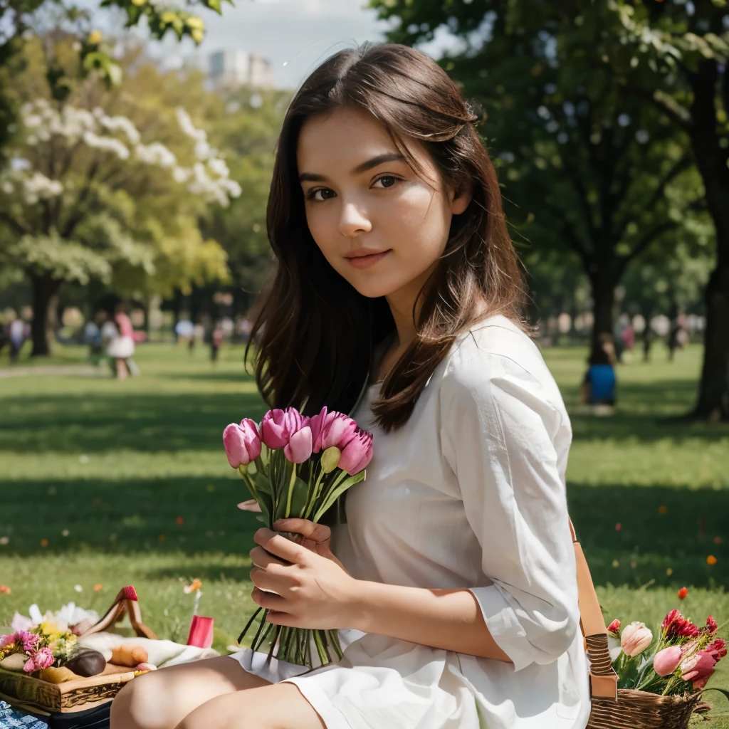 Girl on a picnic in the park with a large bouquet of tulip flowers 