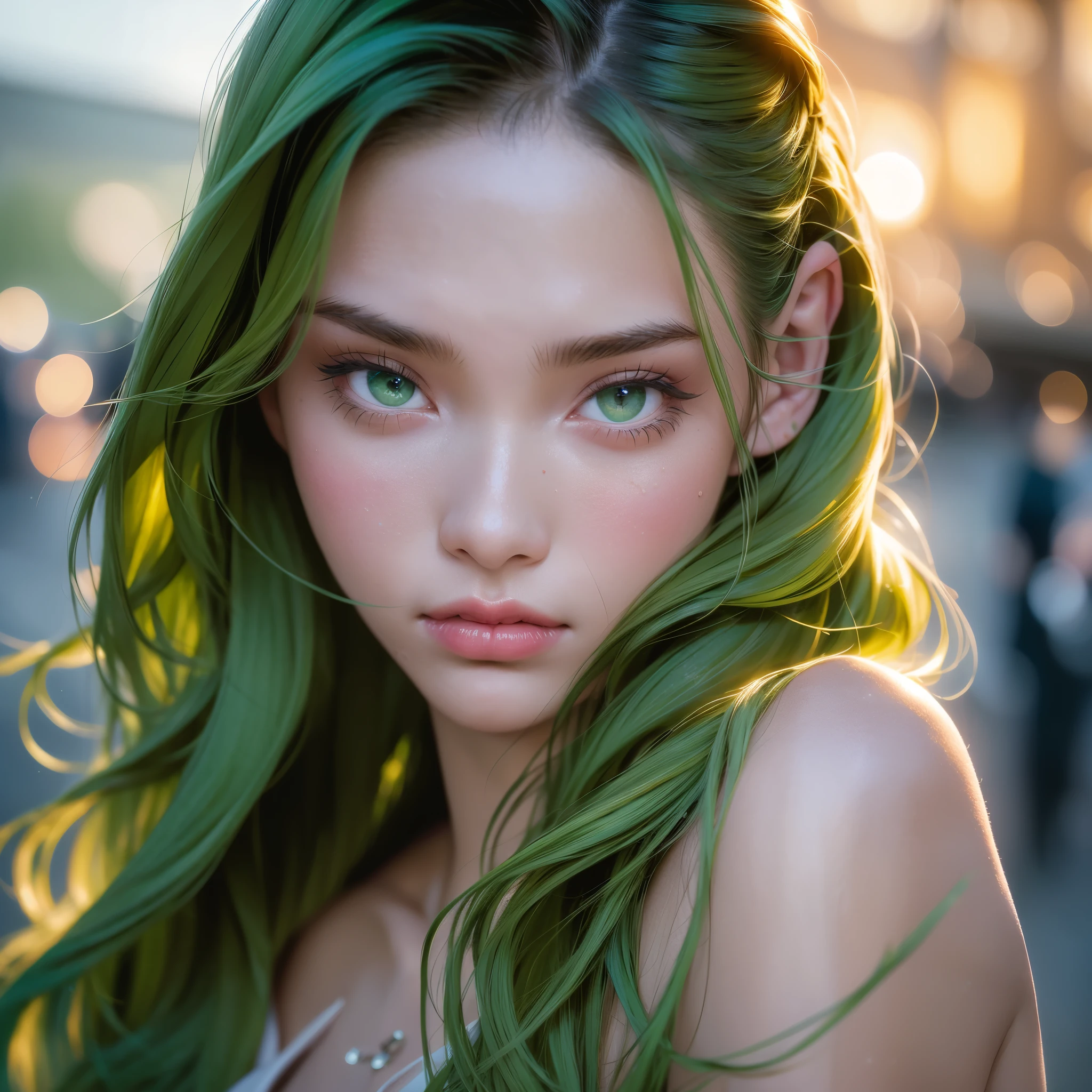 Photo of 28 years old European woman, gorgeous women with amazing green eyes, RAW, beautiful woman, (green hair with extra long wavy), ((portrait)), (Detailed face: 1.2)), (Detailed facial features)), (green eyes) (Fine skin), pale skin,green lips, high detail and deep, wearing green color long dress cover whole her body , slim body, megacity environment, (cold color), wet, moist, reflection, (masterpiece) ( Perfect proportions) (realistic photos) (highest quality) (detail) shot with Canon EOS R5, 50mm lens, f/2.8, HDR, (8k) (wallpaper) (movie lighting) (dramatic lighting) (sharp focus) (complex) fashion