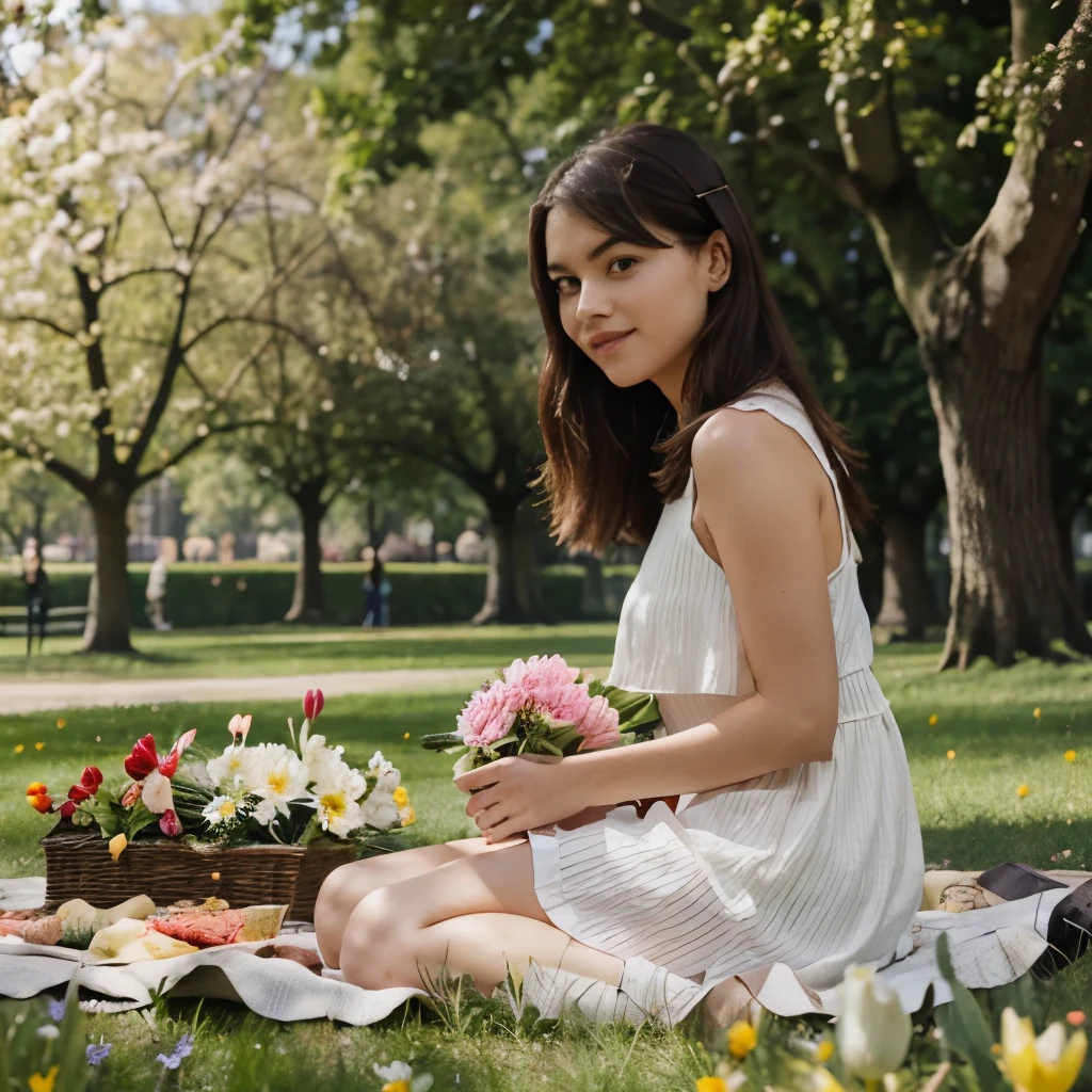 Girl on a picnic in the park with a large bouquet of tulip flowers 
