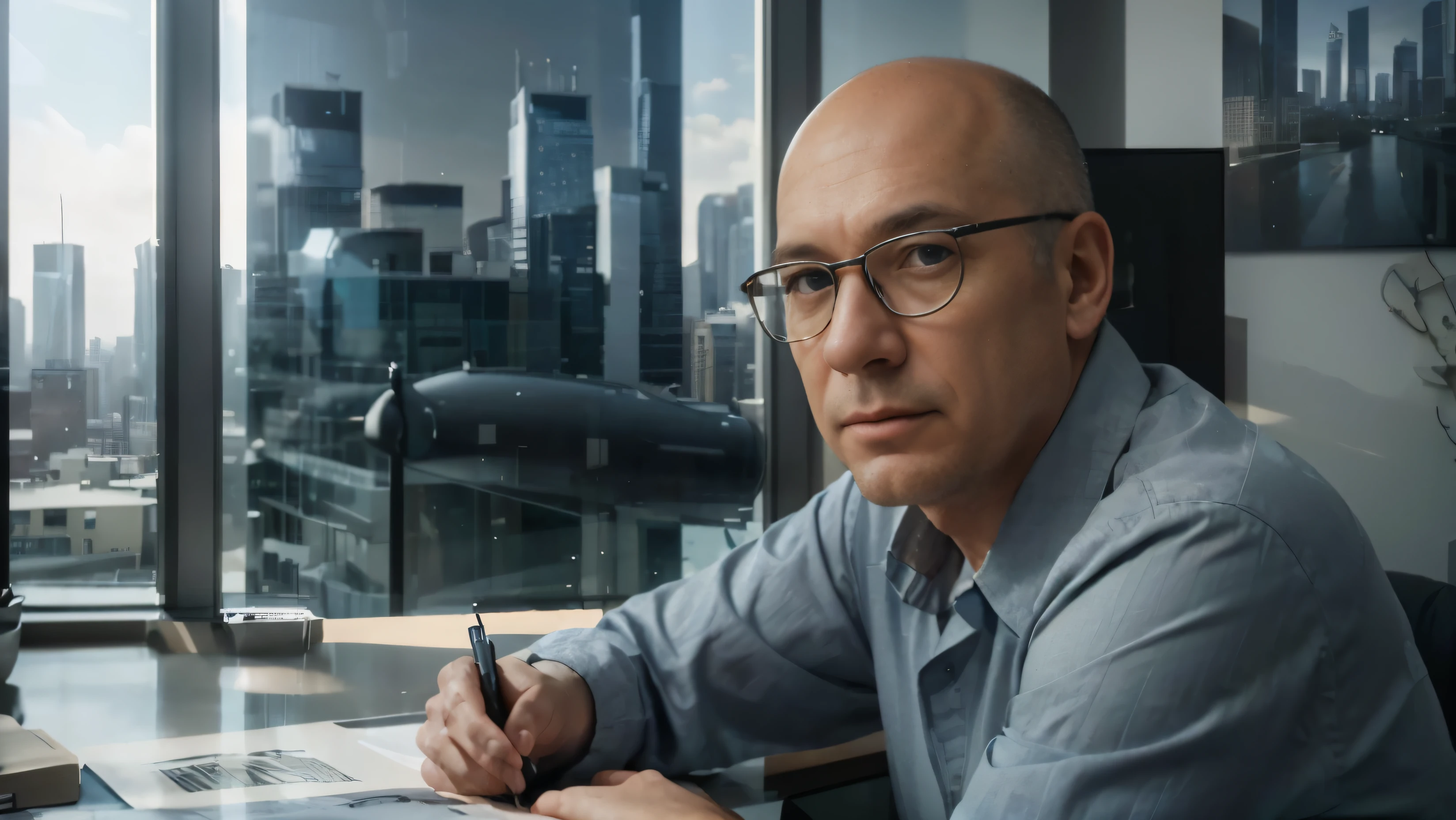 (Realista,photoRealista:1.37),Detailed face and hands,projeto de arquitetura moderna,ferramentas de desenho,Creative workspace,horizonte da cidade ao fundo,soft natural lighting,tons de cor azul e cinza,confident expression,skyscrapers,sketches of buildings on the table,Spacious environment,janelas verticais,contemporary art style, man is middle aged, round glasses and a little bald