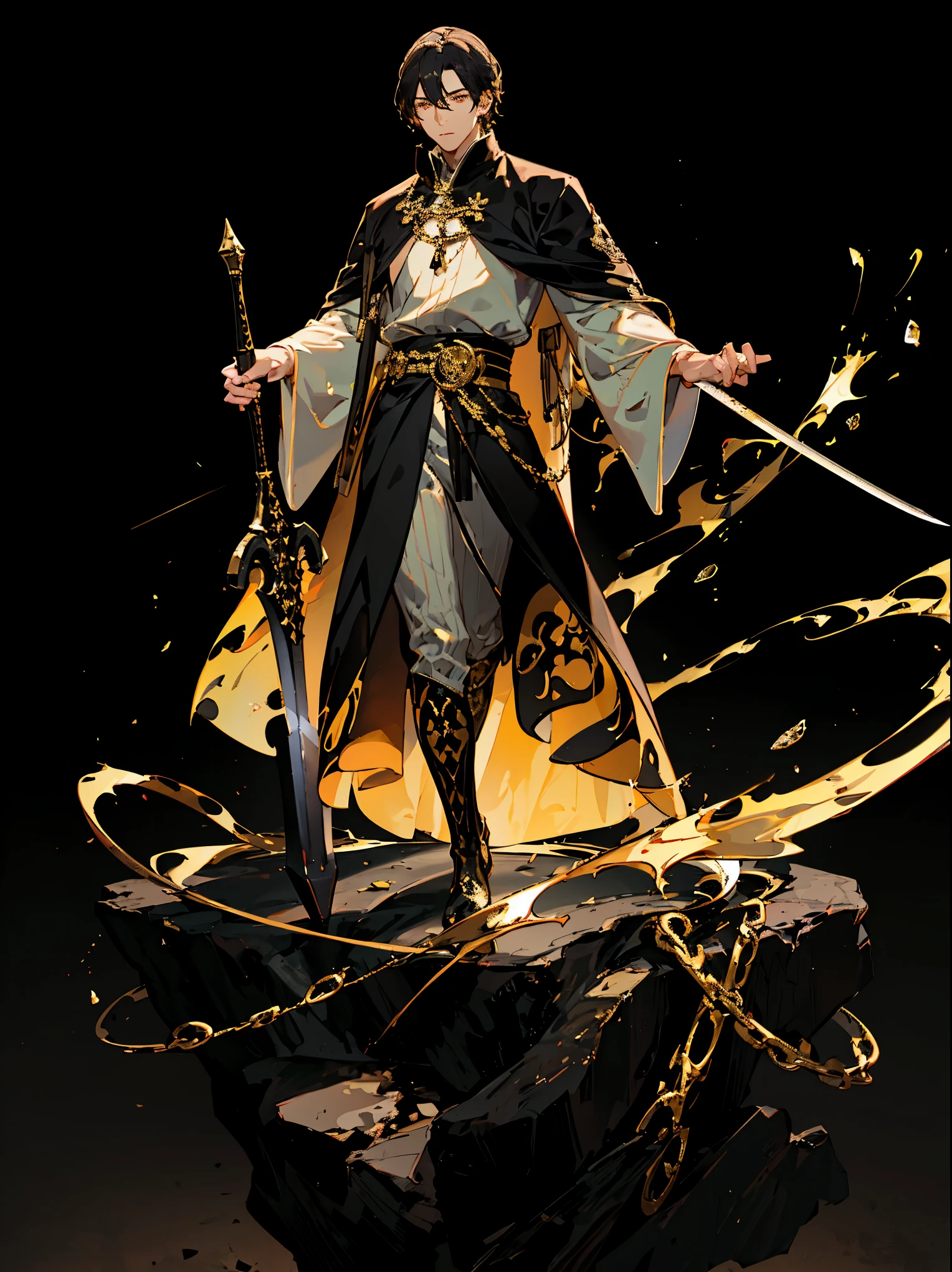 A high resolution，（Masterpiece level：1.4），Super detailed，Black-haired boy，blackigeyes，Elegant aristocratic countenance，Wearing a black robe，The robe has a gold pattern，Handsome guy with a sword，Image quality up to 8K，Optimal color rendering，Best shadow effect，The best quality graphics，Full body like