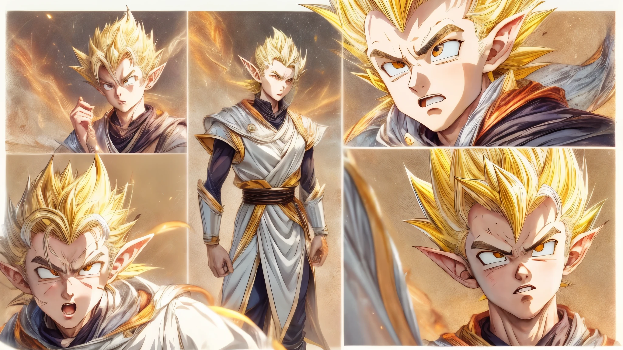 (master piece), 8k, best quality, book illustration, various expressions, elf boy, childlike appearance, male, teenager, 14 years old, 1.70 meters tall, white skin, thin body, pointed elf ears, beautiful finely detailed silver eyes, high forehead, spiky yellow blonde hair like Gohan from the anime dragon ball (super sayajin), Round face, highly detailed, sharp focus, Incredibly handsome, looking at camera, conservative elven outfit, conservative posture, talking