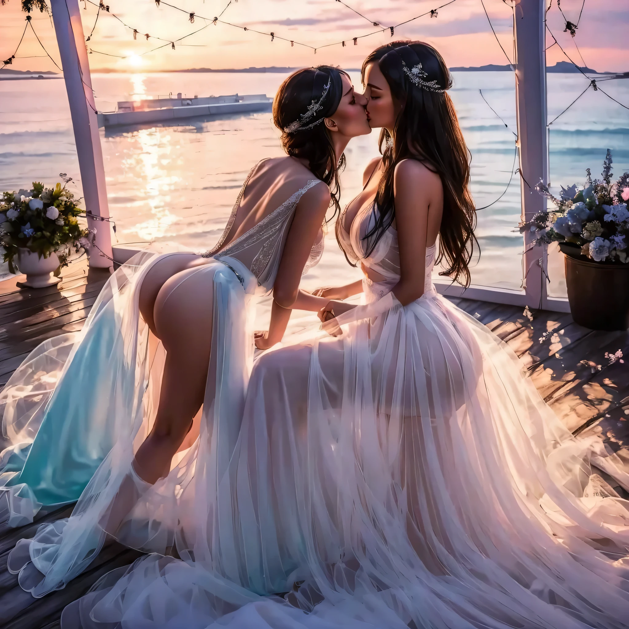 two girl kissing, see her ass,(bright lighting,romantic setting),dreamy background,bondage,dark hair, mesmerizing gaze, , soft skin, alluring beauty, artistic portrait, high-quality image, vibrant colors,translucent silk wedding dress, mosquito net,