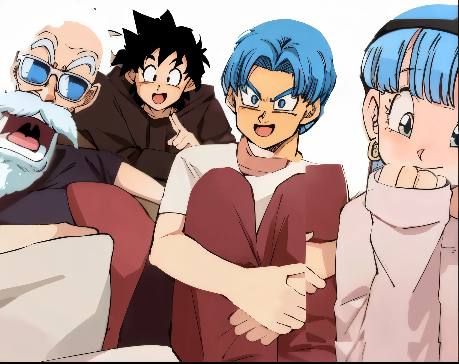 Three Dragon Ball characters next to an old man, 1girl, 2boys, Bulma, Trunks 