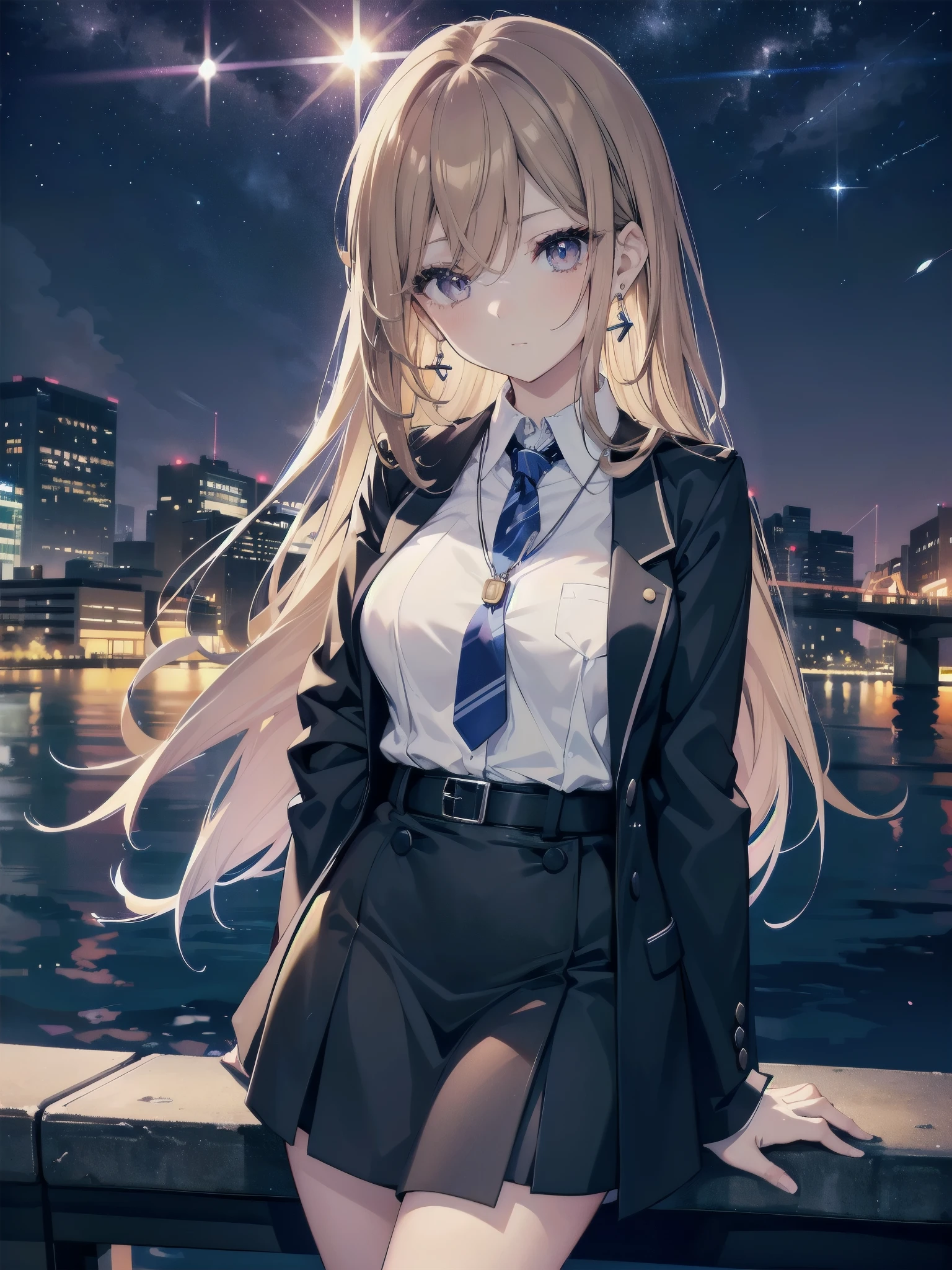 A 27-year-old adult female office worker is wearing a high school uniform.、Anime style illustration for men、Bank of the river in Tokyo late at night、Lob hair with dark brown highlights and light brown hair、taller、sapphire earrings and necklace、night sky and night view、eyes are horizontal、Less eyelashes、light makeup、Boss with sisterly skin
