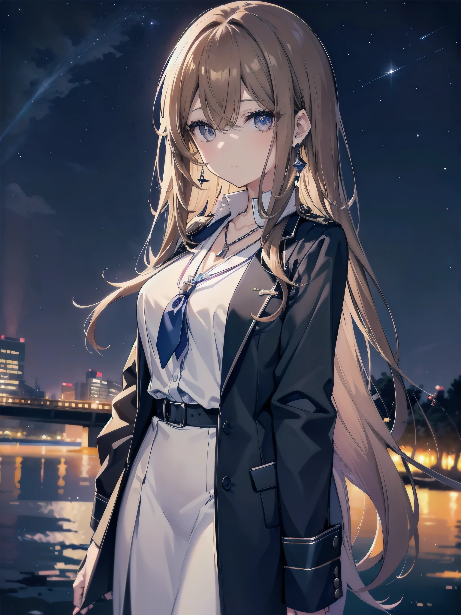A 27-year-old adult female office worker is wearing a high school uniform.、Anime style illustration for men、Bank of the river in Tokyo late at night、Lob hair with dark brown highlights and light brown hair、taller、sapphire earrings and necklace、night sky and night view、eyes are horizontal、Less eyelashes、light makeup、Boss with sisterly skin