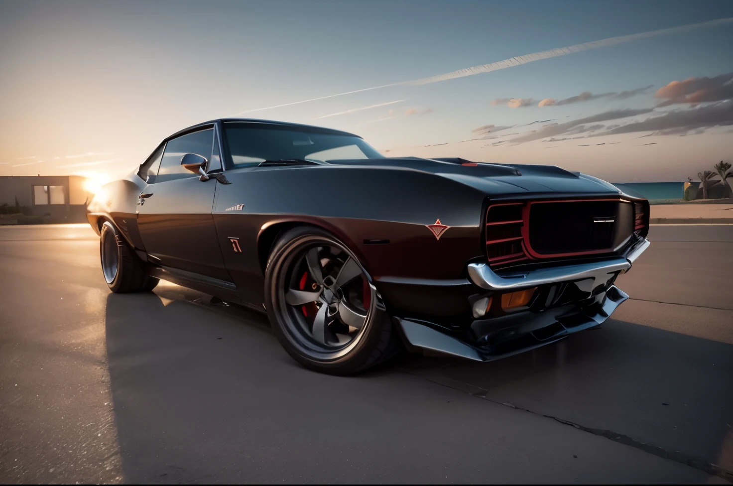 Imponente camaro zl1 1967, color red Show Car, enormes rodas BBS, Ridiculously low posture parked near palm trees and beautiful mansions with balconies in sunny California