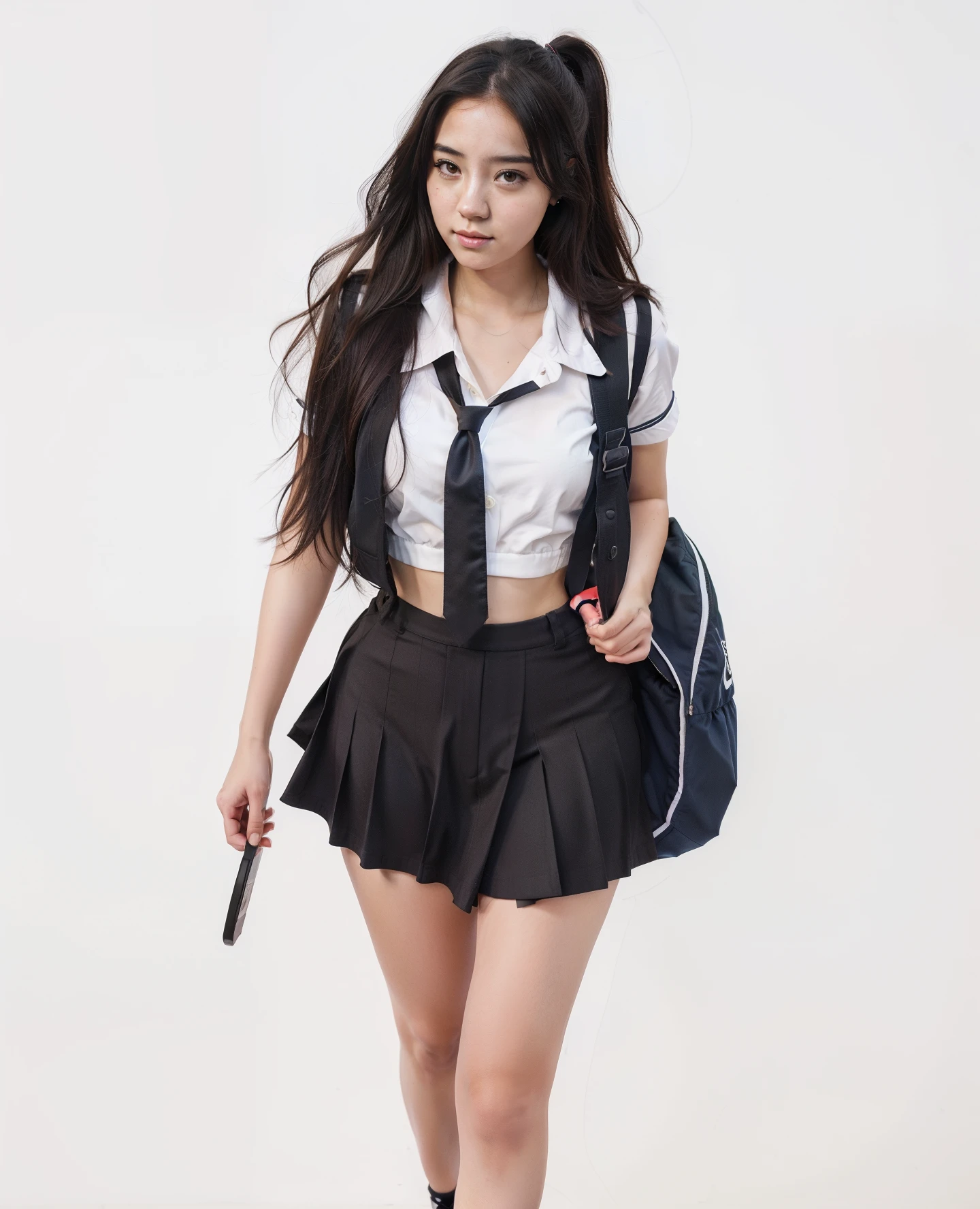 Chica anime con uniforme escolar caminando con una mochila., a hyper realistic , colegiala realista, hyper realistic , Chica de escuela, estilo de dibujo, fanart de chica urbana, tendencia en artstration, beautiful estilo de dibujo, anime full body illustration, obra de arte al estilo de guweiz, full body illustration, estilo anime, beautiful anime high Chica de escuela, muchacha coreana