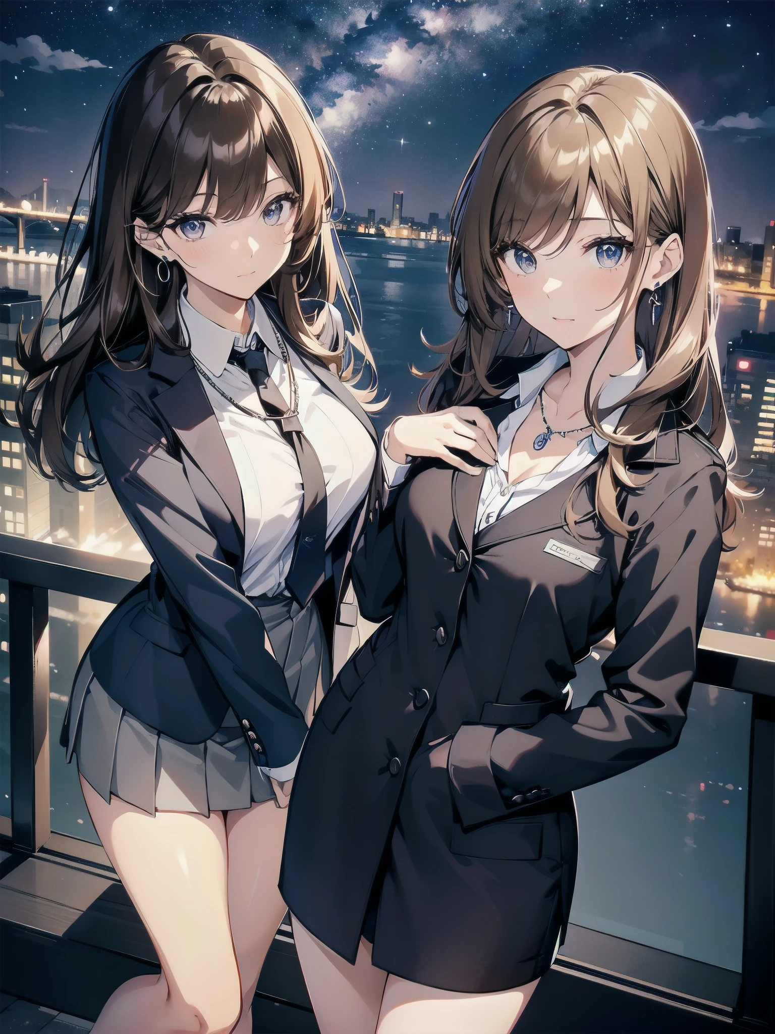 A 27-year-old adult female office worker is wearing a high school uniform.、Anime style illustration for men、Bank of the river in Tokyo late at night、Lob hair with dark brown highlights and light brown hair、taller、sapphire earrings and necklace、night sky and night view、eyes are horizontal、Less eyelashes、light makeup、Boss with sisterly skin