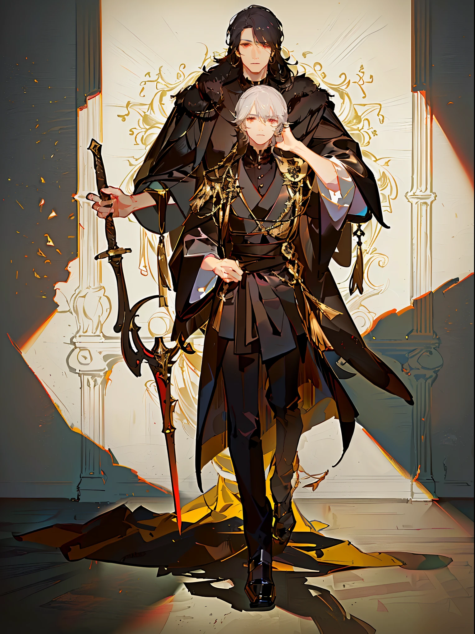 A high resolution，（Masterpiece level：1.4），Super detailed，Black-haired boy，blackigeyes，Elegant aristocratic countenance，Wearing a black robe，The robe has a gold pattern，Handsome guy with a sword，Image quality up to 8K，Optimal color rendering，Best shadow effect，The best quality graphics，Full body like
