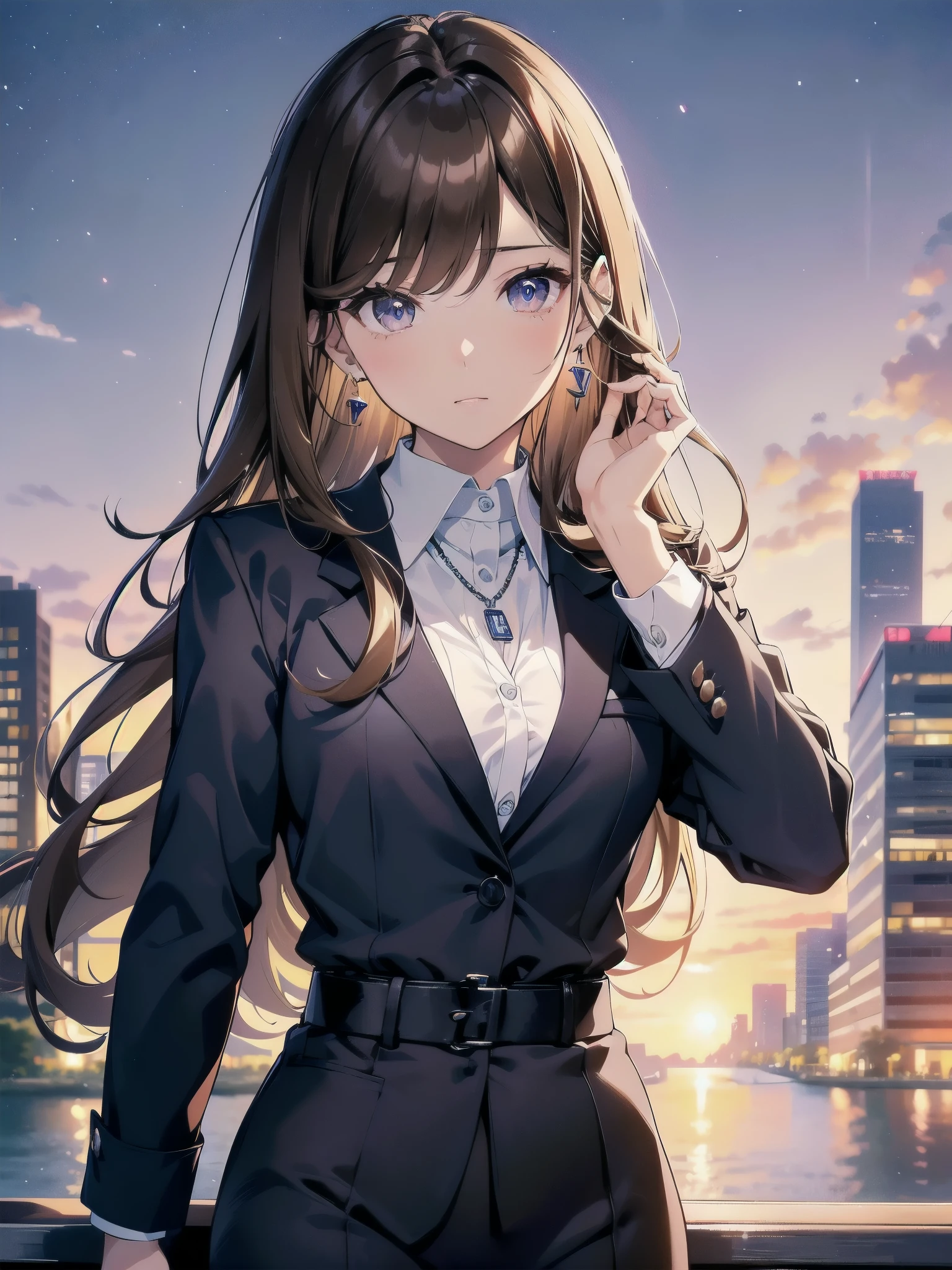 A 27-year-old adult female office worker is wearing a high school uniform.、Anime style illustration for men、Bank of the river in Tokyo late at night、Lob hair with dark brown highlights and light brown hair、taller、sapphire earrings and necklace、night sky and night view、eyes are horizontal、Less eyelashes、light makeup、Boss with sisterly skin