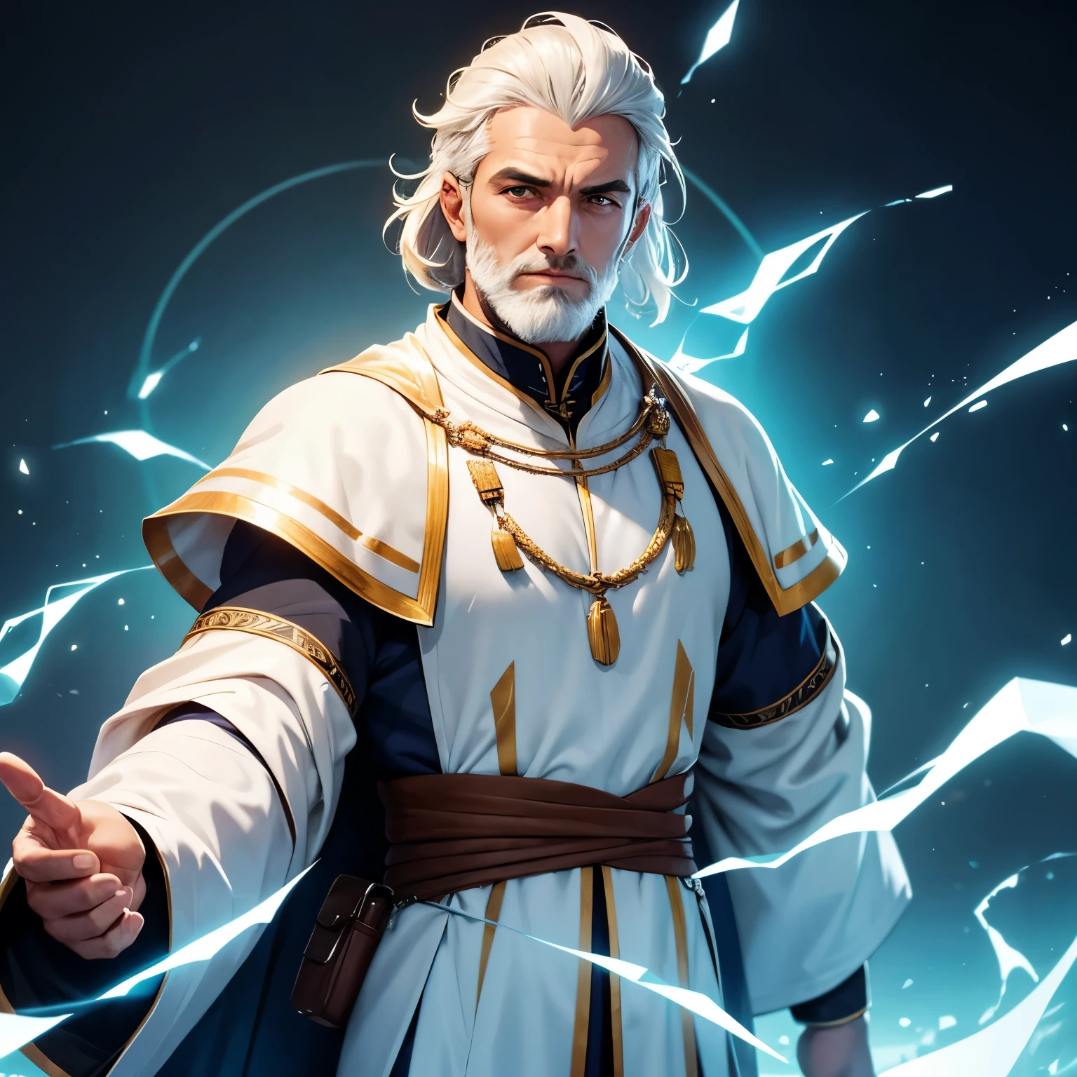 A cleric man in white robes, cabelos e barba ruivas e pela negra, com um cajado de madeira que emite uma energia curativa.