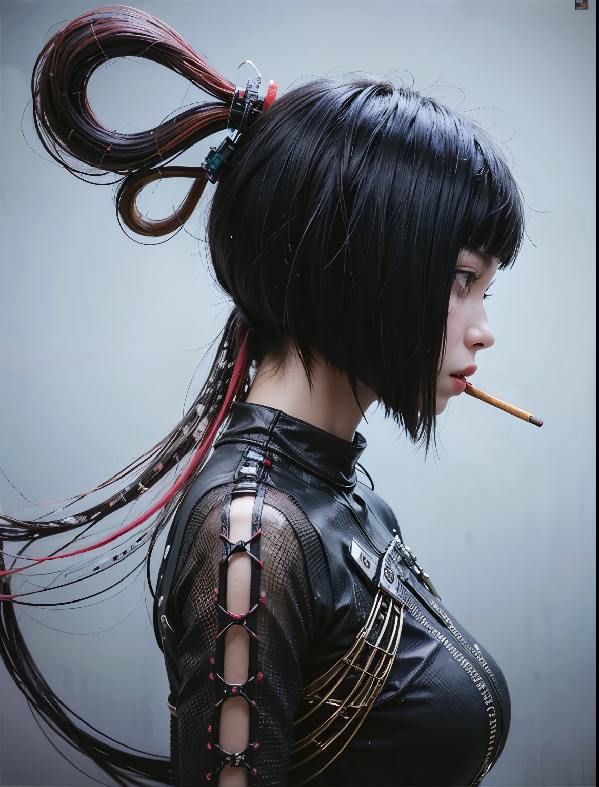 Mujer arafed con un cigarrillo en la boca y un peinado., geisha ciberpunk, Designed like a ghost in the shell., modelo de moda cyborg, estilo ciberpunk , hyper realistic, hyper-realistic estilo ciberpunk, mujer ciberpunk, el retrato de la chica cyberpunk, cyborg - chica, cyberpunk 2 0 years. o model girl, estilo de ciberpunk, Portrait of a cyberpunk machine