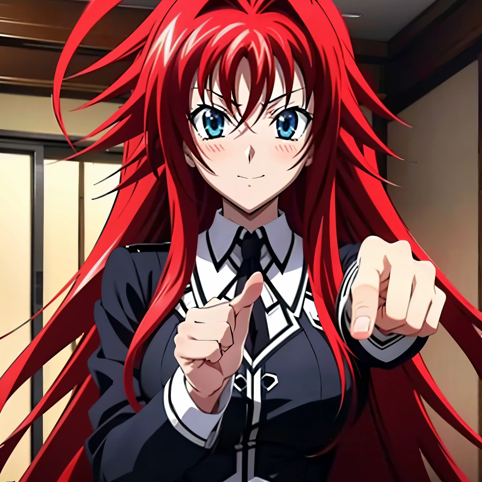 Rias Gremory anime chibi version with red hair, blue eyes, ahoge hairstyle, high school uniform, full body, Pointing index finger at herself