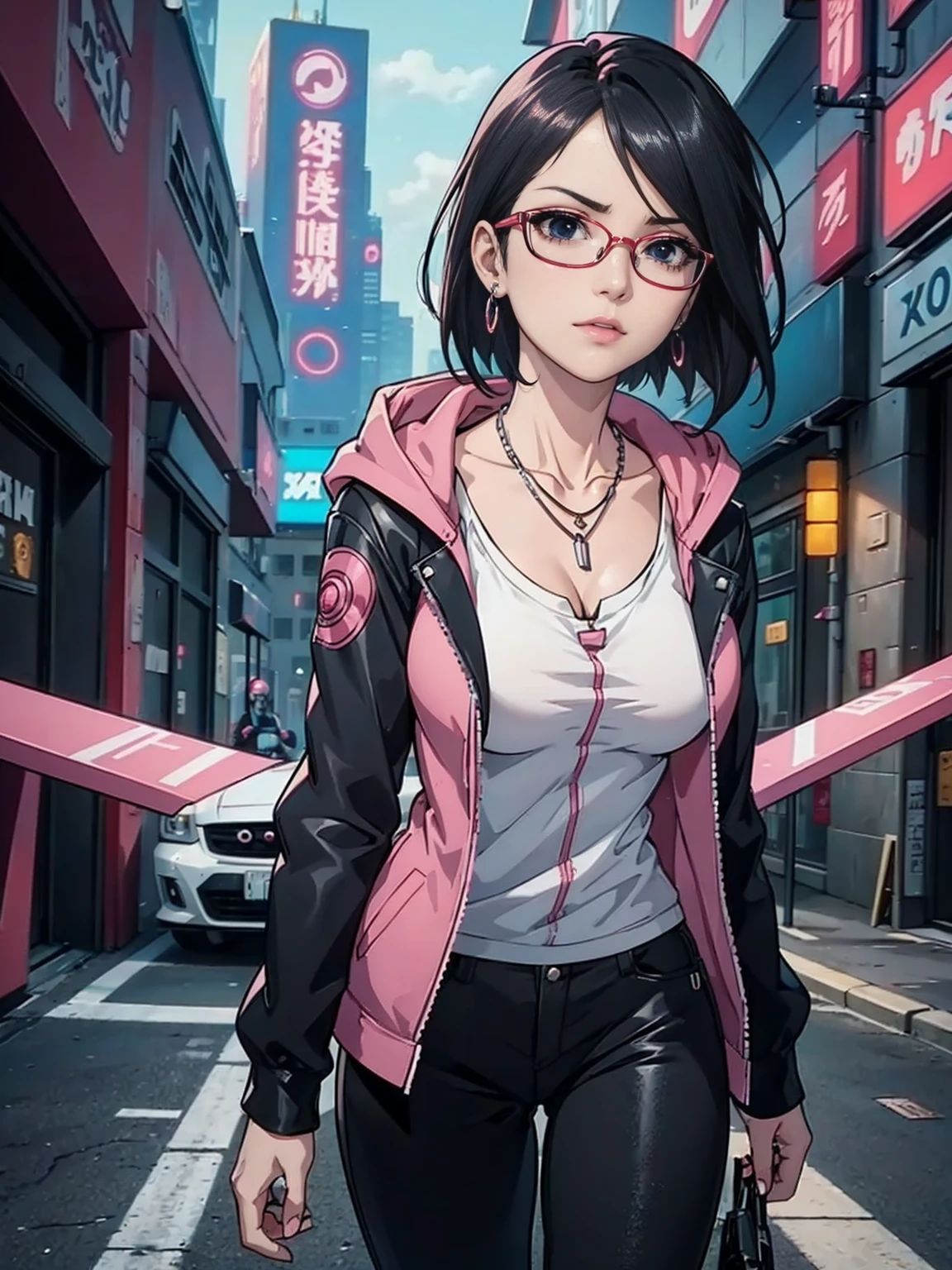 ((1girl, solo ,alone, Sarada Uchiha, short hair, ((black eyes, glasses)), uchiha sarada)), ((solo, 1woman, pink lipstick, Extremely detailed, ambient soft lighting, 4k, perfect eyes, a perfect face, perfect lighting, a 1girl)) austere, ((anime girl, ((dark pink jacket, long jacket, black pants, ruby earrings, necklace)), cyberpunk anime girl, cyberpunk in hoodie, badass anime, cute cyberpunk girl, cyberpunk streets in, cyberpunk style, cyberpunk white outfit, oppai cyberpunk, full cosplay, ((sharp face)), official art, beautiful, mature, walking in the street))