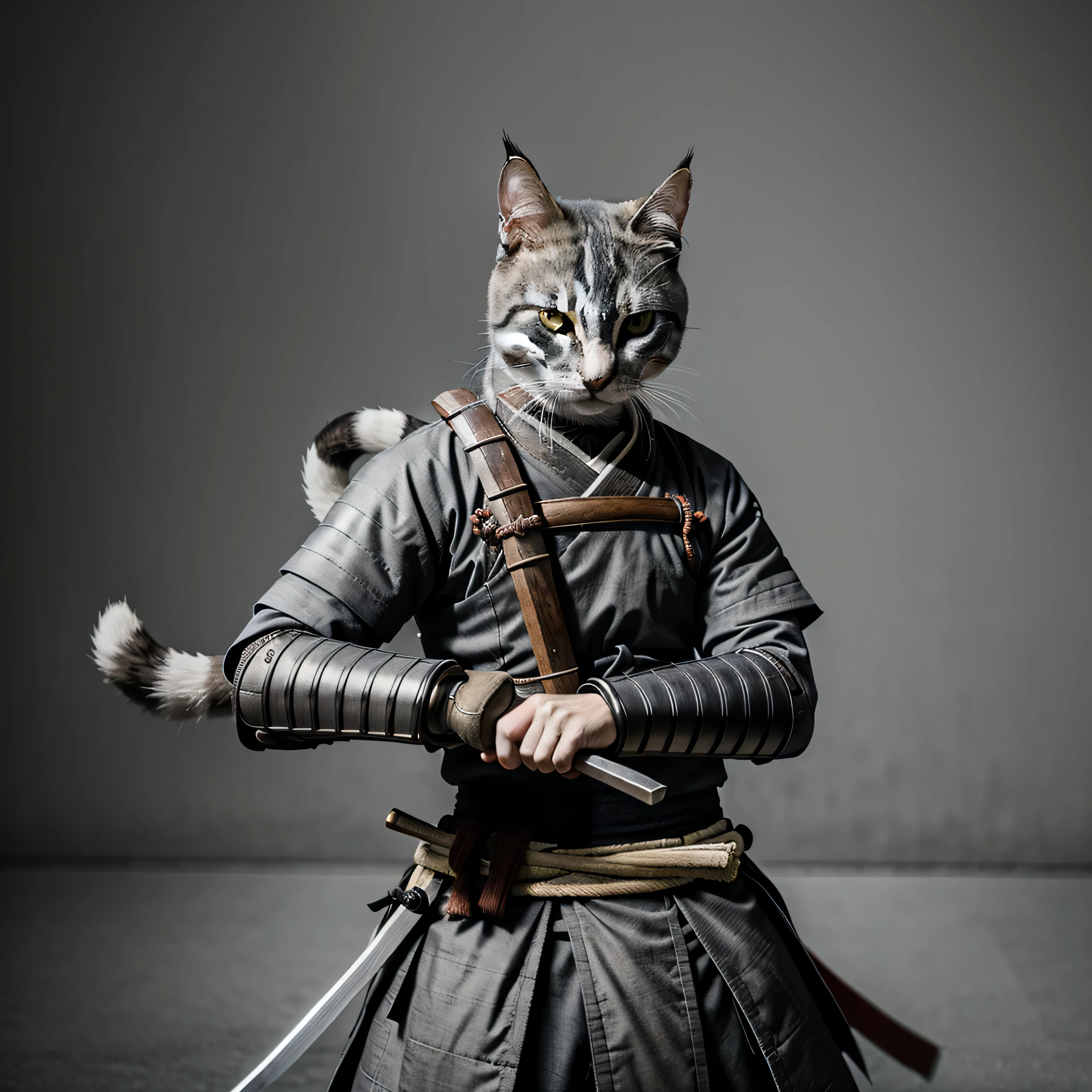 Samurai warrior Grey and White cat with Katana, feudal Japan, high quality, faded image, lines