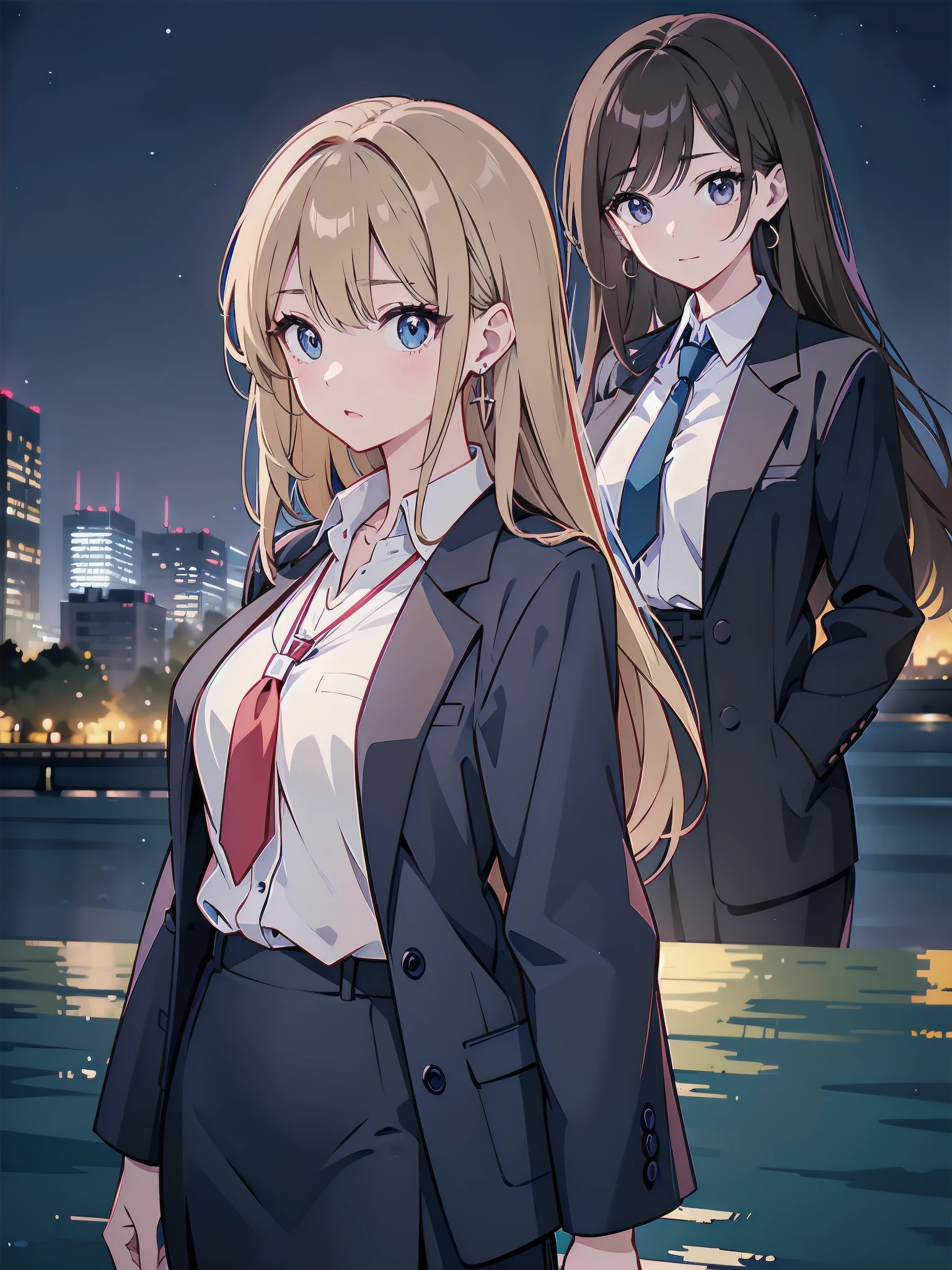 A 27-year-old adult female office worker is wearing a high school uniform.、Anime style illustration for men、Bank of the river in Tokyo late at night、Lob hair with dark brown highlights and light brown hair、taller、sapphire earrings and necklace、night sky and night view、eyes are horizontal、Less eyelashes、light makeup、Boss with sisterly skin